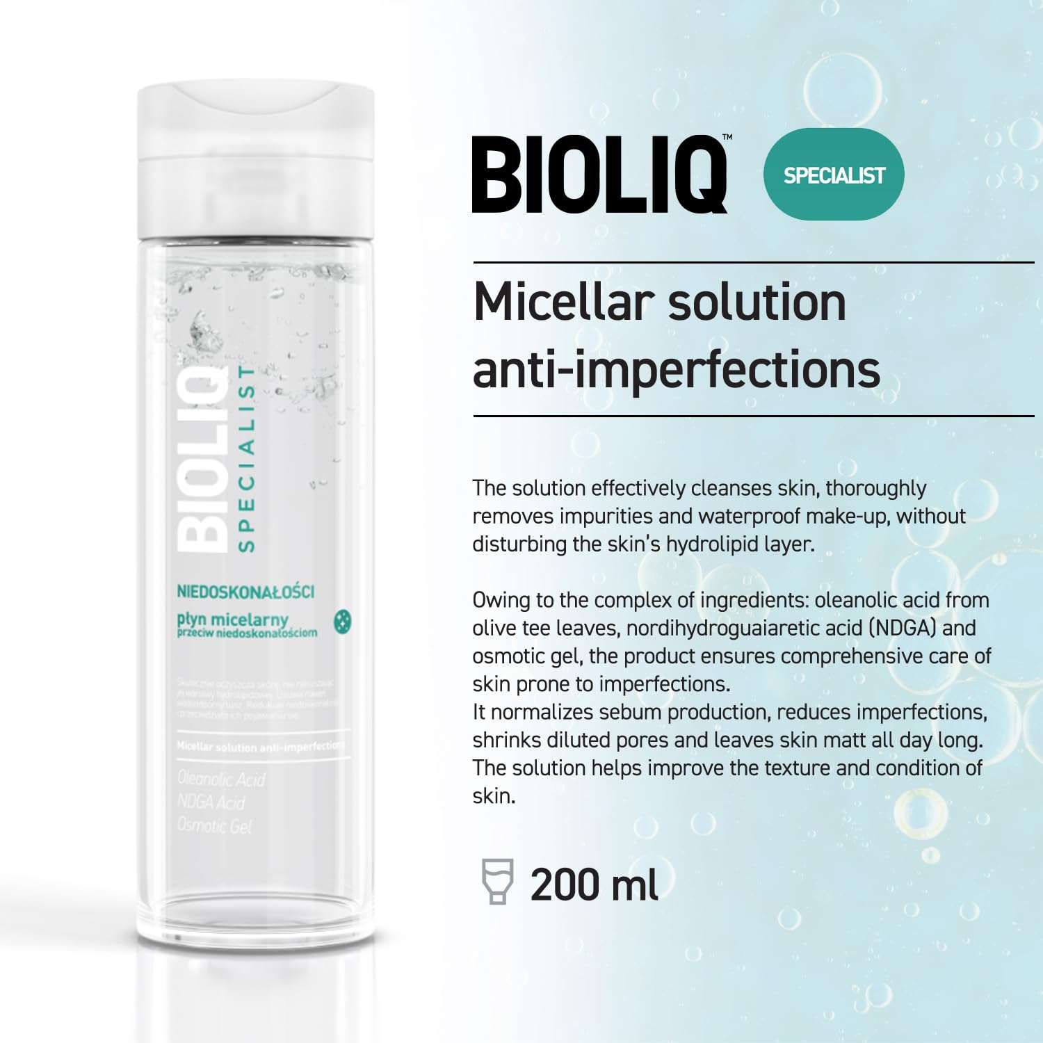 Bioliq Specialist Anti-Imperfections Micellar Solution - Cleanses Skin, Removes Makeup & Impurities, Oleanolic Acid & NDGA Formula for Clear, Mattified Skin - Ideal for Imperfection-Prone Skin - 200ml 4