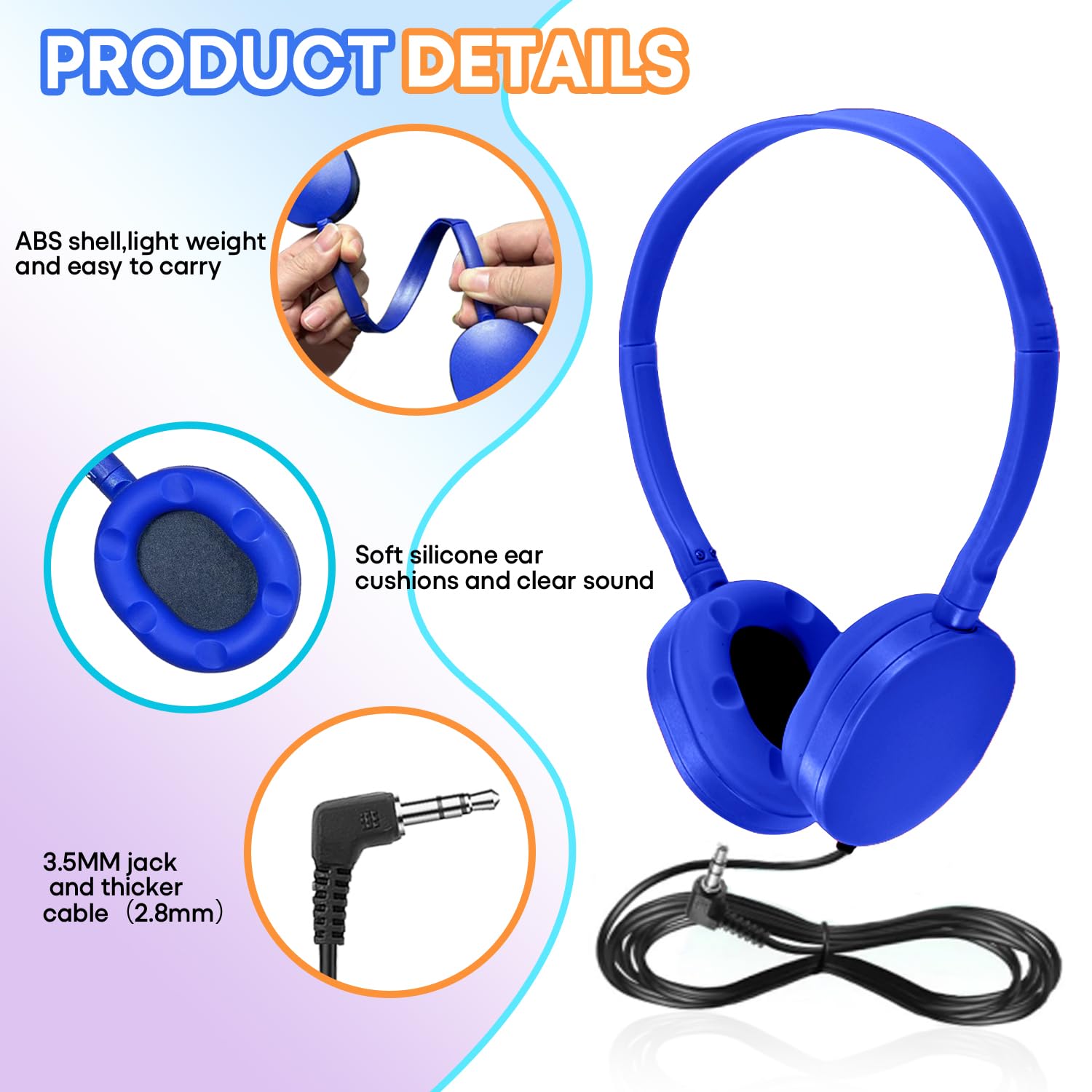 CN-Outlet Kids Headphones Bulk 50 Pack for Classroom School,Durable Wholesale Wired On Ear Headphones for Kids Student Boys Girls Teens and Adults,3.5mm Jack (Bule) 4