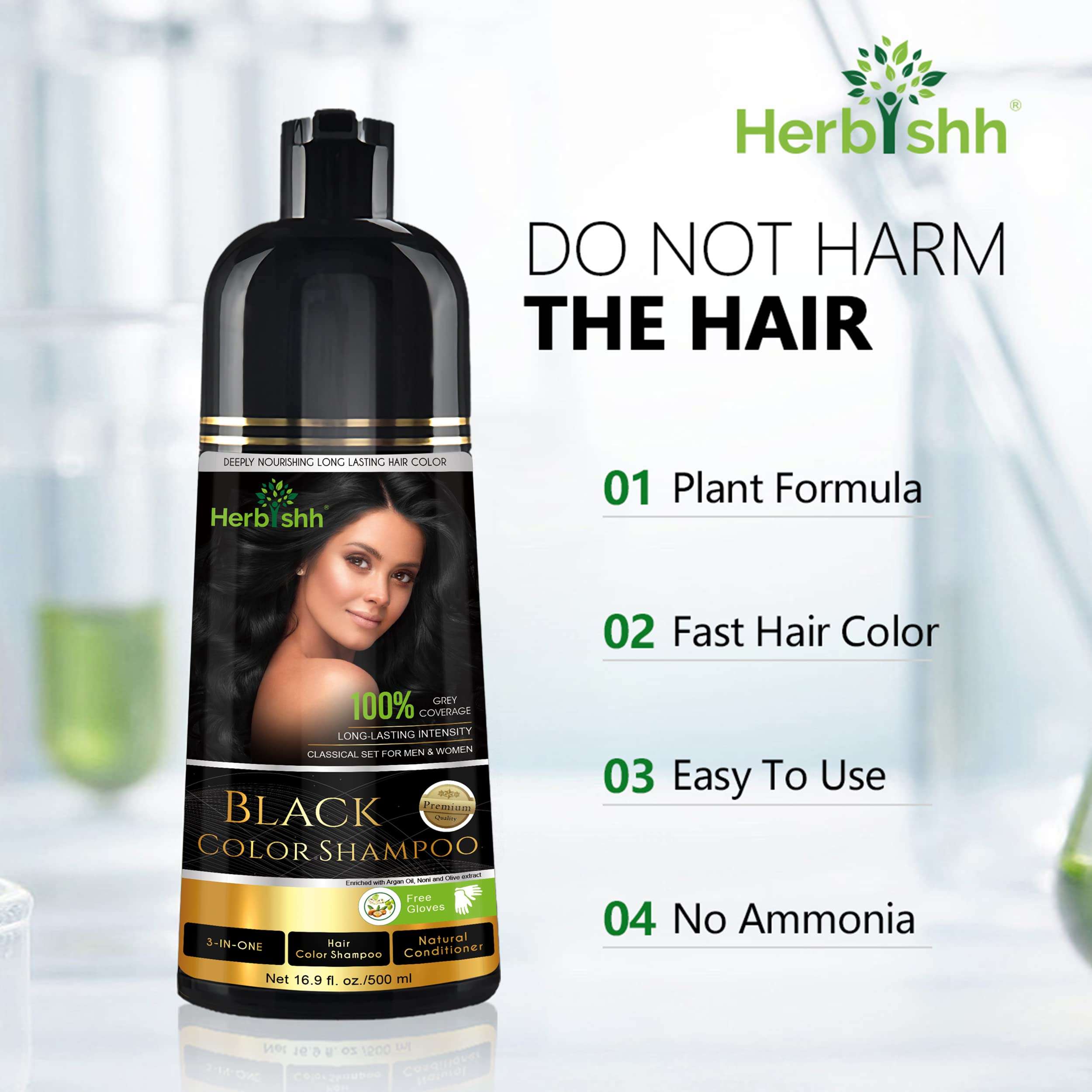 Herbishh Hair Color Shampoo for Gray Hair – Magic Hair Dye Shampoo 500ml Black + Koloret Root Touch Up Powder– Natural Black Powder for Women & Men 10g 5