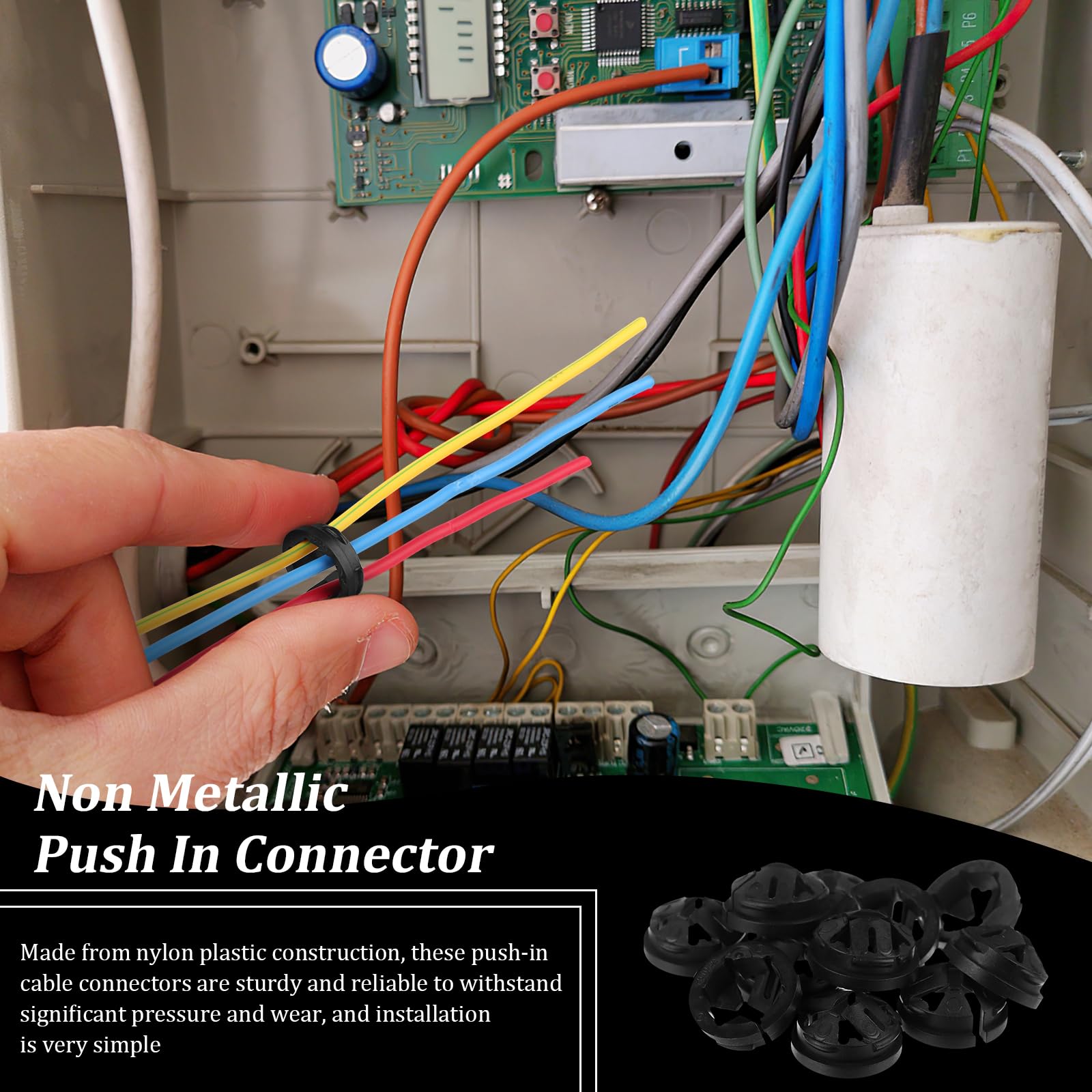 150 Pieces 3/8-1/2 Inch Non-Metallic Button Push-in Cable Connector, Plastic Cable Connector Electrical Conduit Fittings, Fits 1/2-Inch Knock Outs, Used for Junction Box Connections (Black) 5