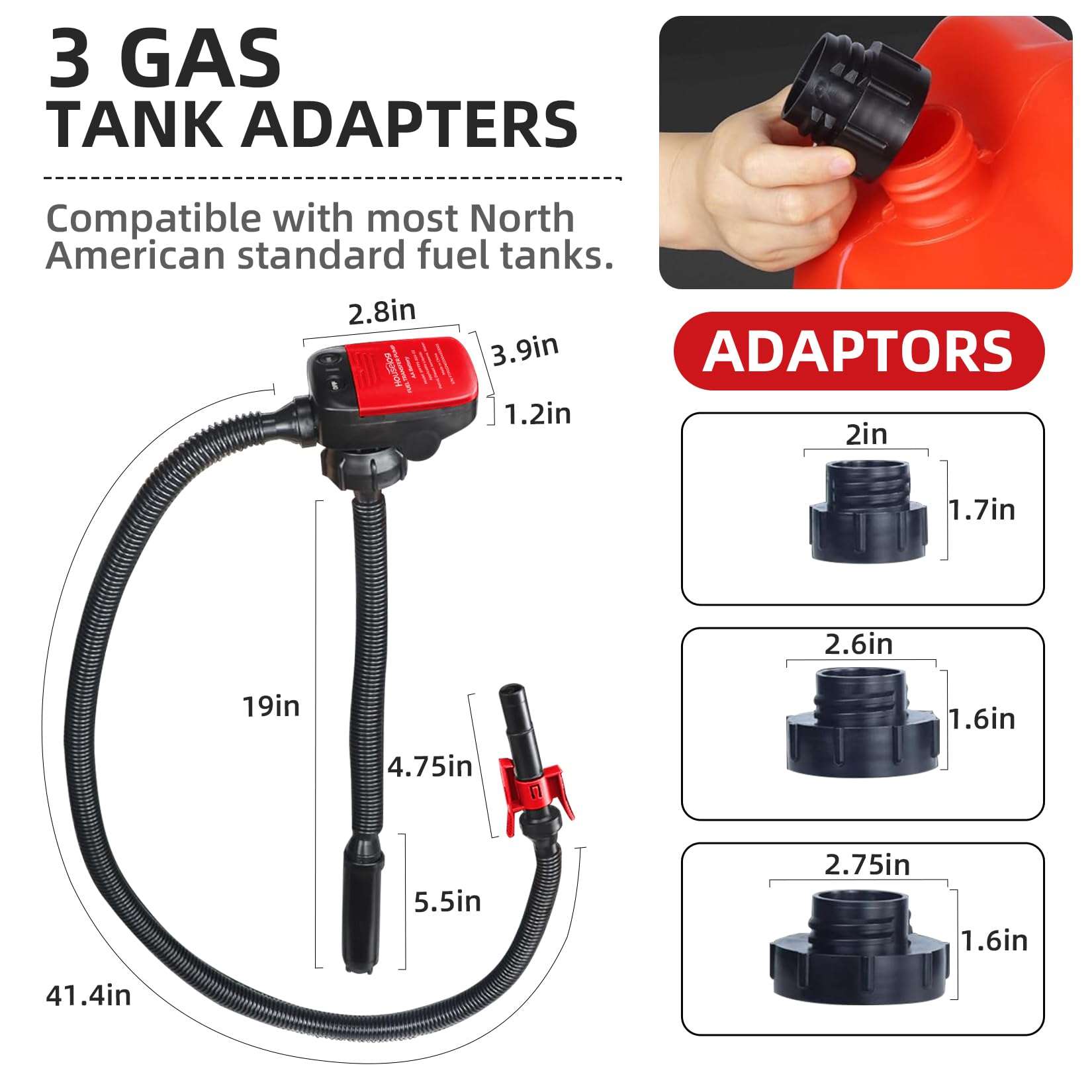 Automatic Fuel Transfer Pump with Auto-Stop Sensor(2.4 GPM),AA Battery Powered Portable Gasoline Diesel Pump with 3 Adapters for For Gasoline, Diesel, Kerosene Transfer(Batteries Not Included) 6