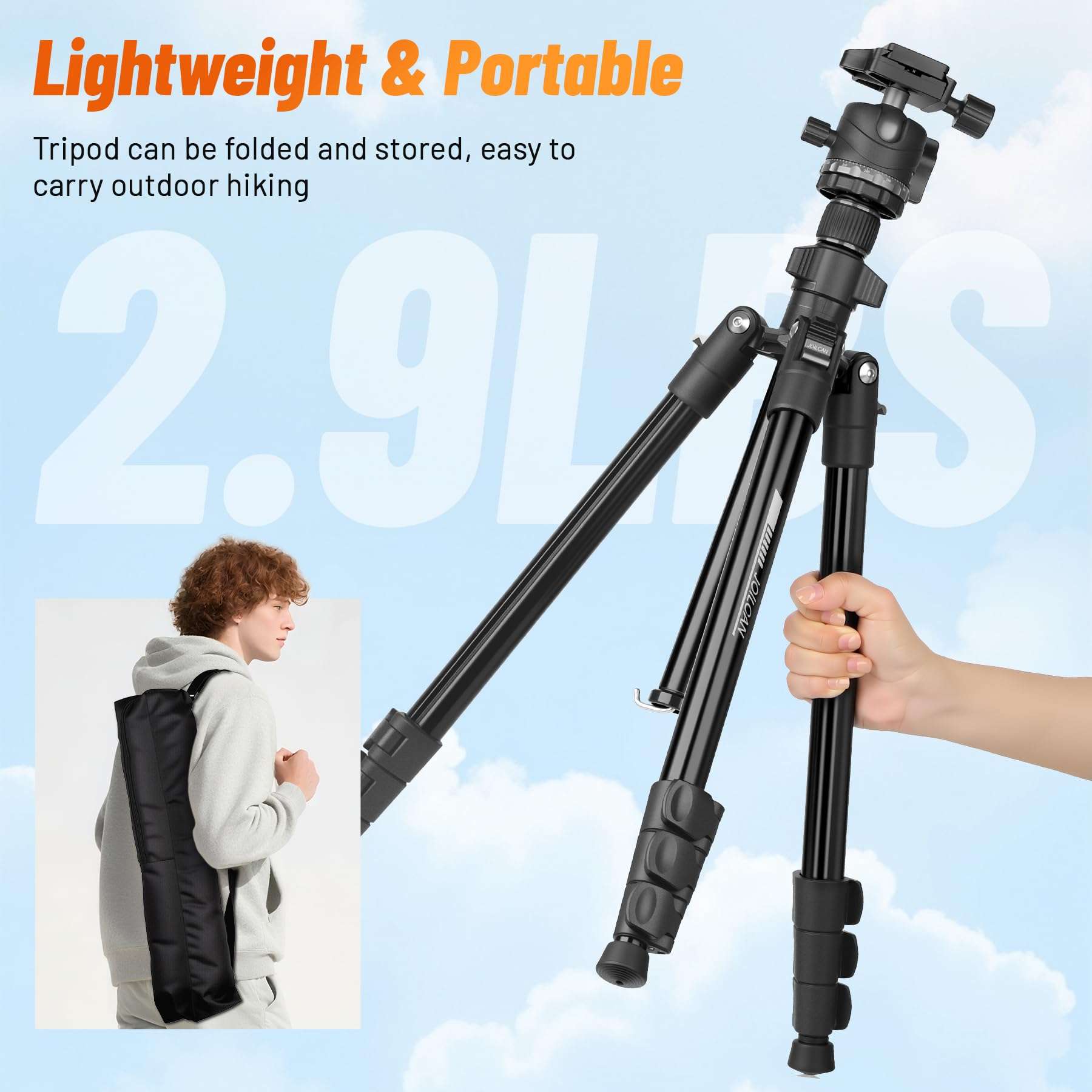 JOILCAN 66" Camera Tripod, Lightweight Travel Tripod with 360° Ball Head & Phone Holder, 22lbs Max Load for DSLR, Camera, Phone, Video & Photography (Grey) 5