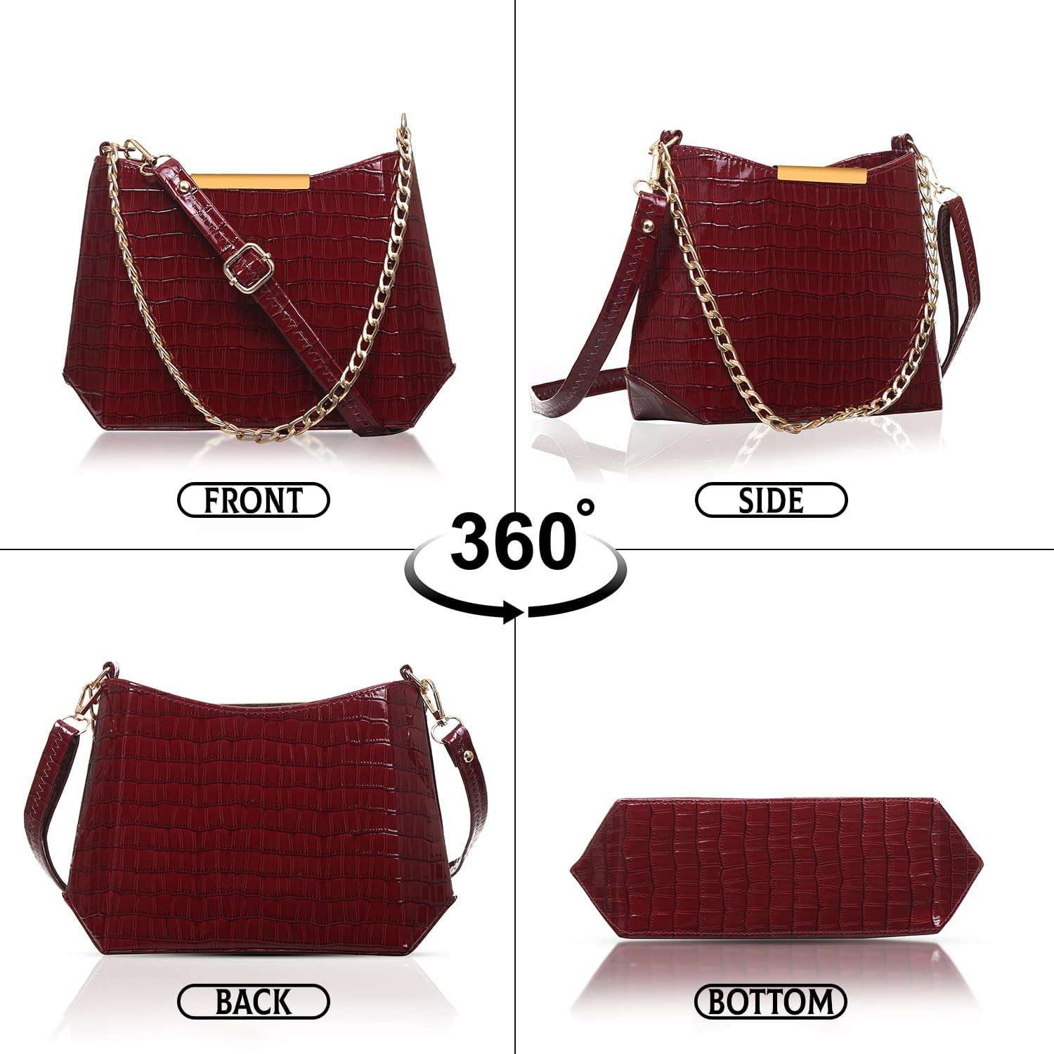 Wenz Faux Leather Classic Satchel Trendy Chain Strap Shoulder Crossbody Sling bag For Women & Girl (Maroon) 6