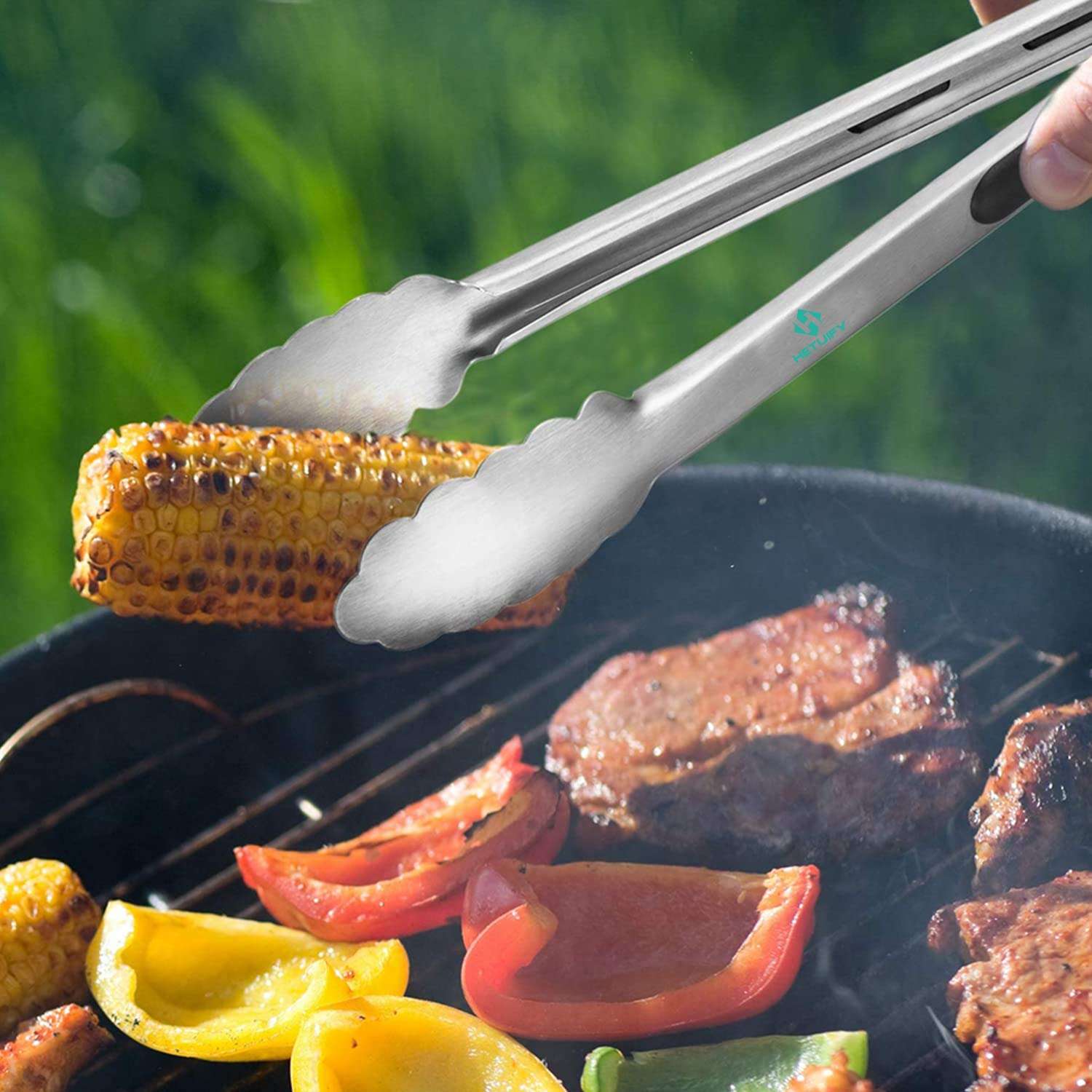 BBQ Tongs for Grilling, 17" Long Kitchen Cooking Stainless Steel Heavy Duty Locking Grill Tongs with Soft Grip Silicone Handle 5