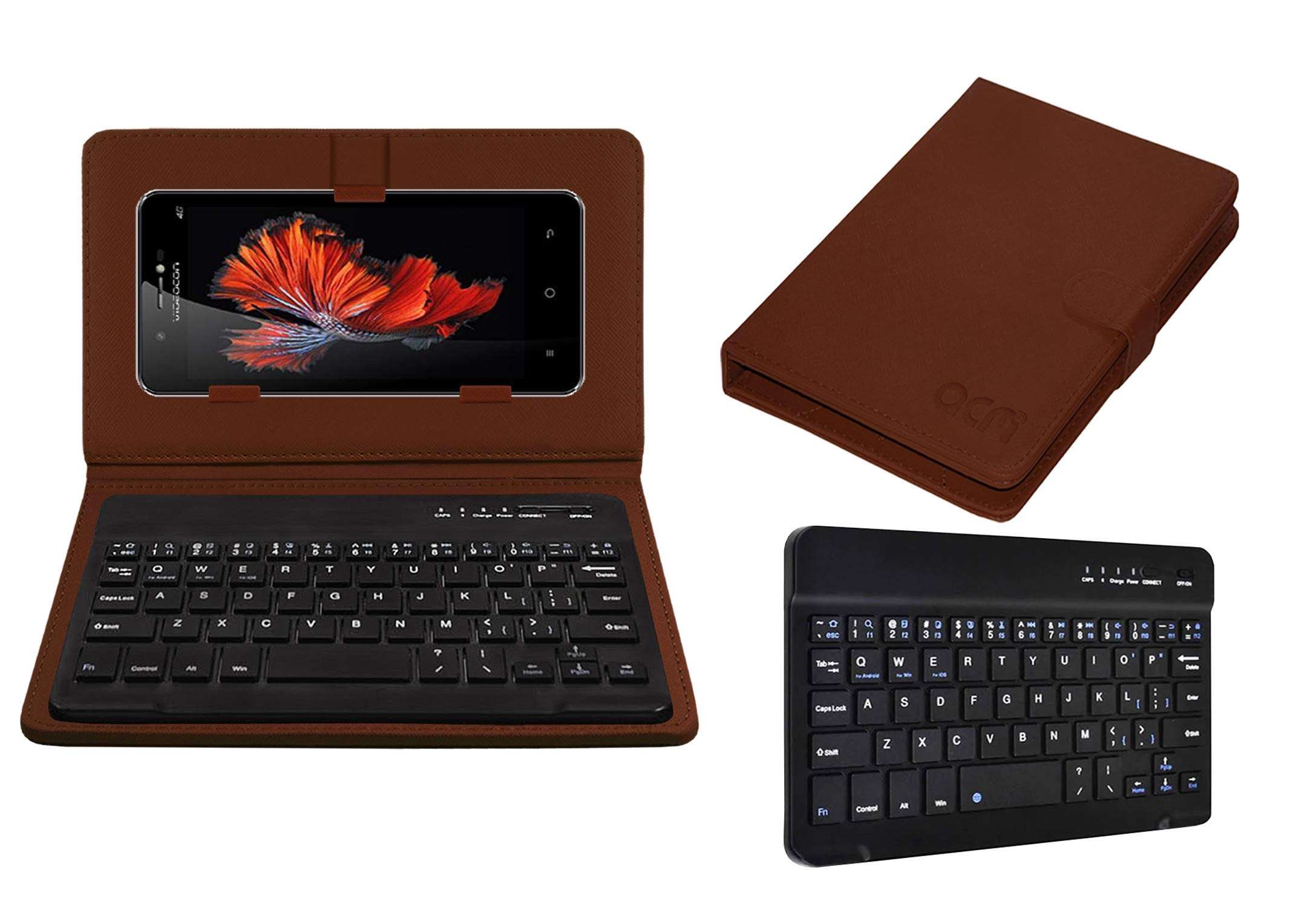 Acm Wireless Bluetooth Keyboard Case Compatible with Videocon Graphite V45ed Mobile Flip Cover Stand Study Gaming Brown 1