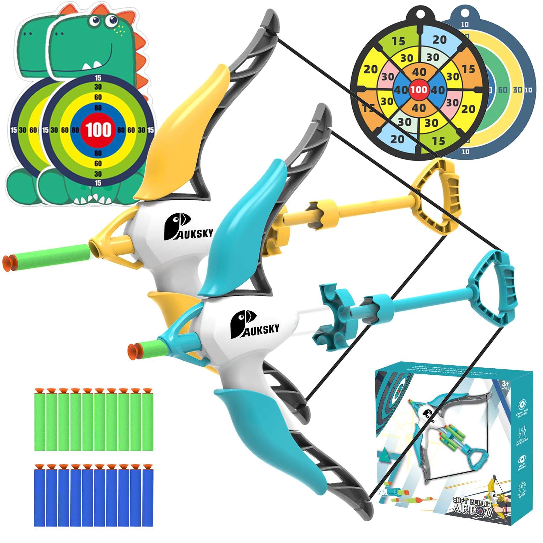 AUKSKY 2 Pack Bow and Arrow for Kids Toys - Archery Set with 20 Suction Cup Arrows & 4 Targets,Outdoor Toys Archery Set for Kids Boys & Girls Ages 3-12 Years Old 1
