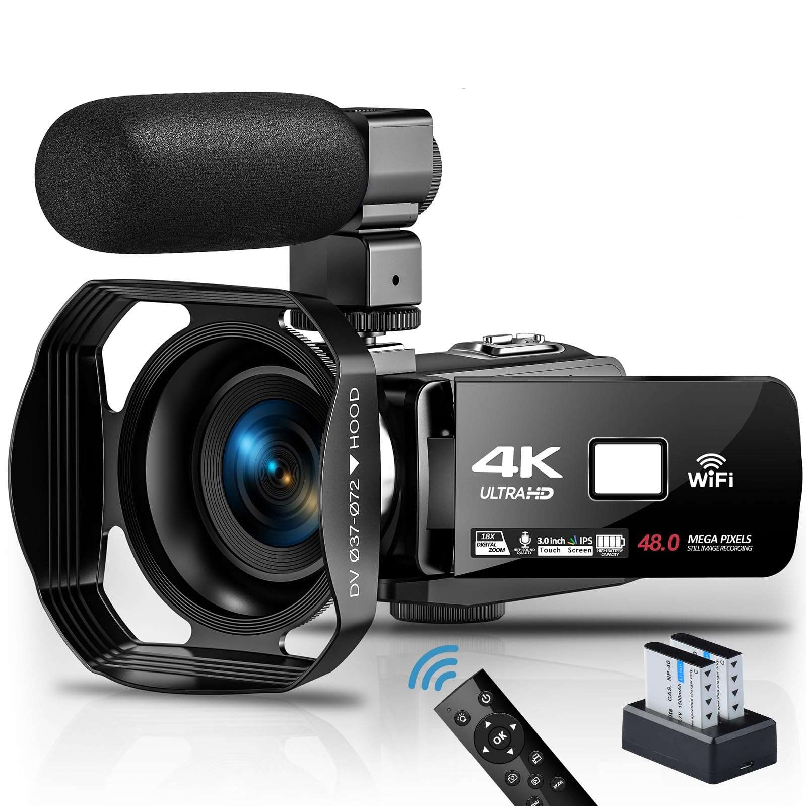 Camcorder Video Camera 4K 48MP 60FPS IR Night Vision Vlogging Camera 18X Zoom WiFi Digital Camera YouTube Recorder Camera with Microphone, 2.4G Remote Control 1