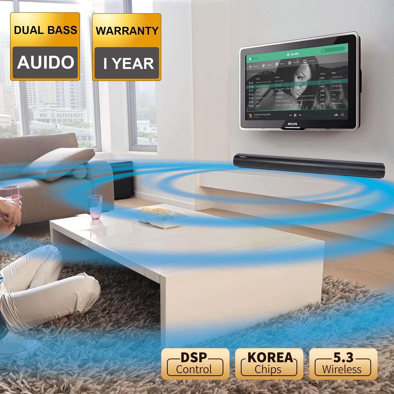 ARC Soundbars 35.6 inch 2.2CH TV Sound Bar System Built in Subwoofer Home Theater 150W Peak Power Surround Home Cinema Bluetooth 5.3 Soundbar Woofer Speaker HDMI Sound Stick Optical Coaxial DSP EQ AUX 2