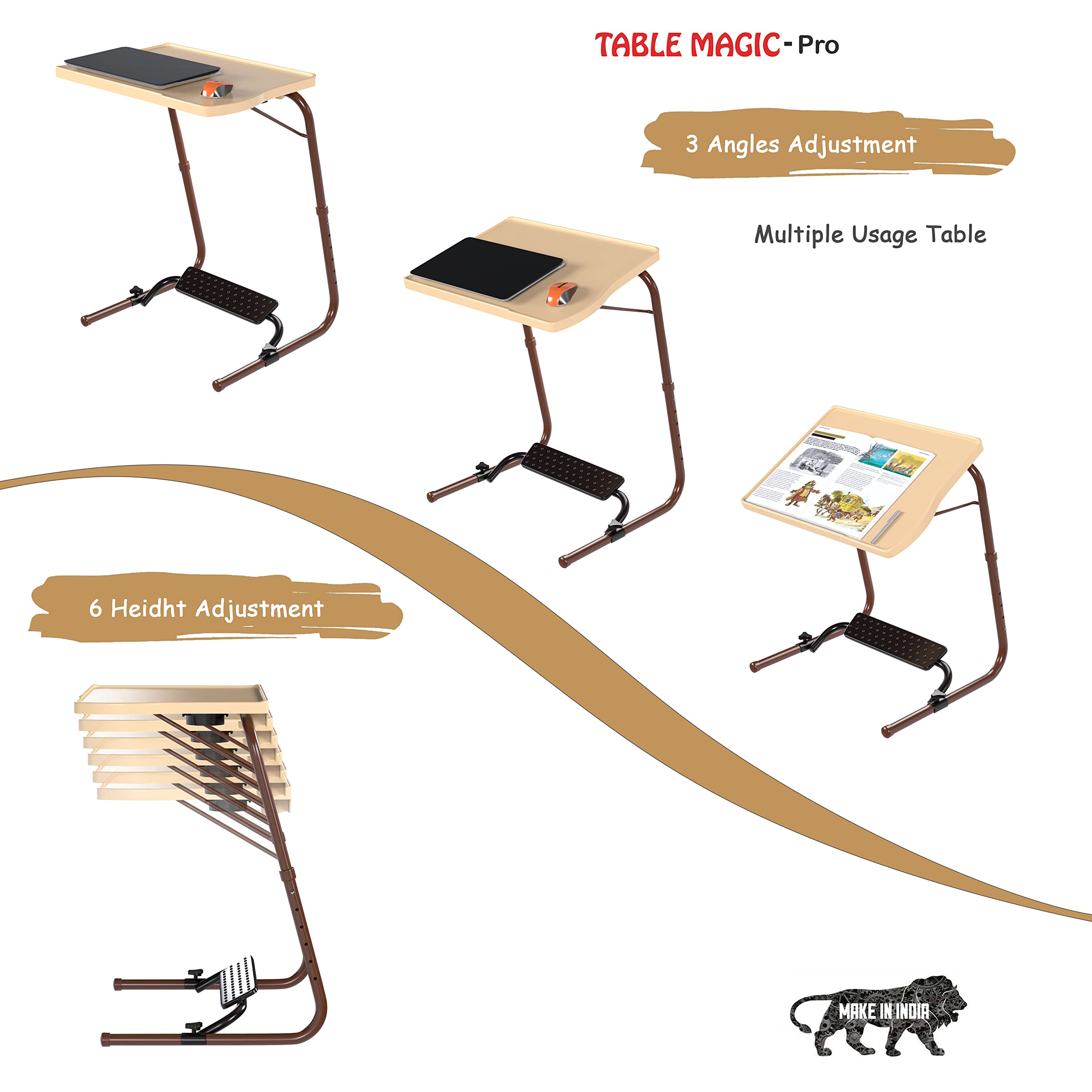 TABLE MAGIC – Pro with Footrest Extended Work Space Laptop Table Mat Finish Multipurpose Height Adjustable Work Study Tv Tray Table Lap Desk (Pro- Footrest Gold Marble) 4