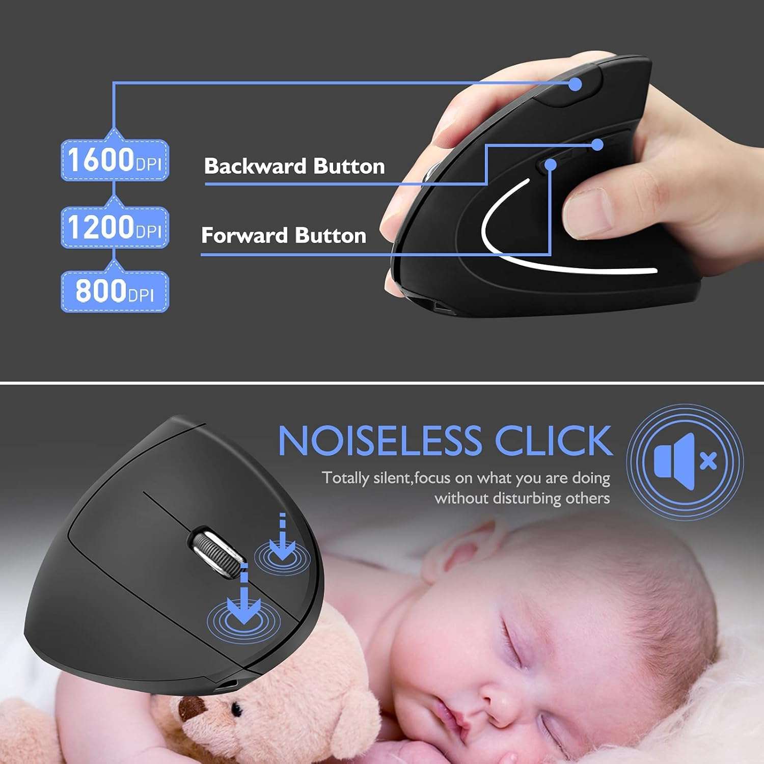 MICROWARE Ergonomic Mouse, Vertical Wireless Mouse Rechargeable Optical Tunnel Mice with 2.4G USB Receiver and Bluetooth Mode, 1000/1200/1600 DPI, 6 Buttons, for Laptop, Computer, PC, Desktop, Black 4