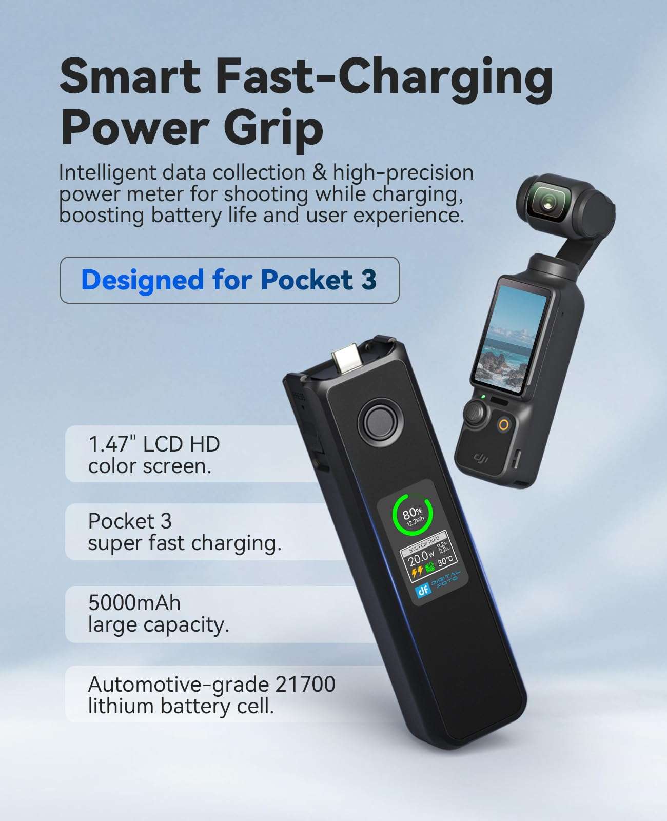 Osmo Pocket 3 Battery Handle,20W Fast Charging Handle Grip Accessories Compatible with DJI Pocket 3/Xtra Muse with LCD Full Color Display,Charging Speed and Battery Temperature Visible, 5000 mAh 6