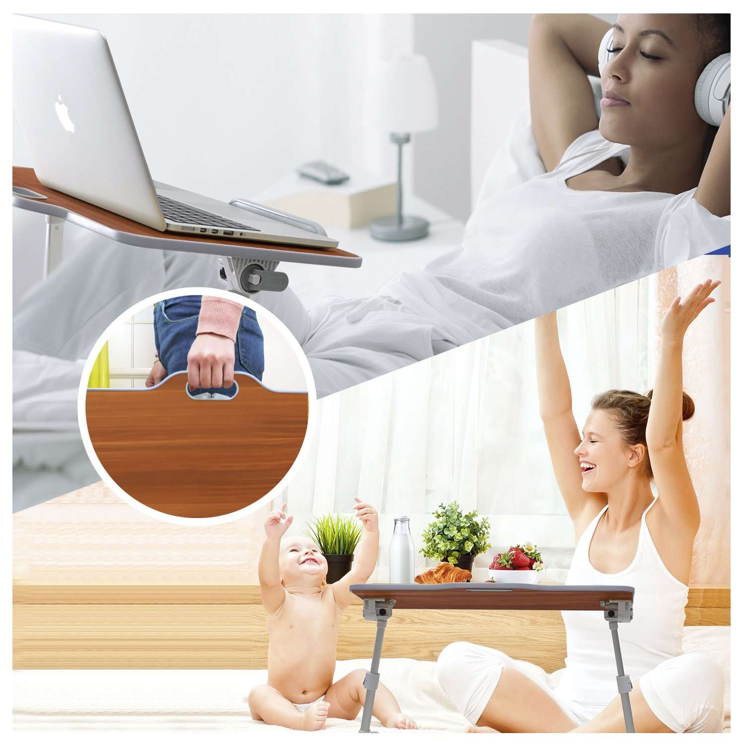 Laptop Stand, Kavalan Foldable Laptop Table w/Top Handle, Adjustable Height Desk Serving Tray on Couch, Standing Dining Table on Sofa, Ideal for Reading, Working, Studying, American Cherry/Large 3