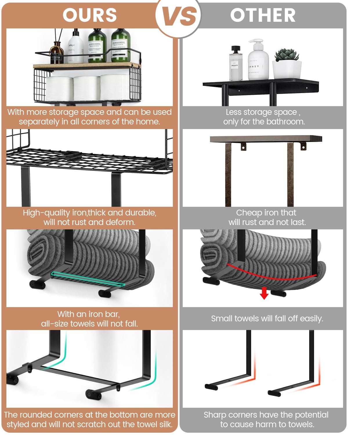 Towel Racks for Bathroom Wall Mounted - Bath Wall Towel Holder Set Above Toilet Storage, Rolled Towel Shelf Organizer for Small Bathroom, Wood Vertical Towel Rack for Bathroom Wall Decor 5