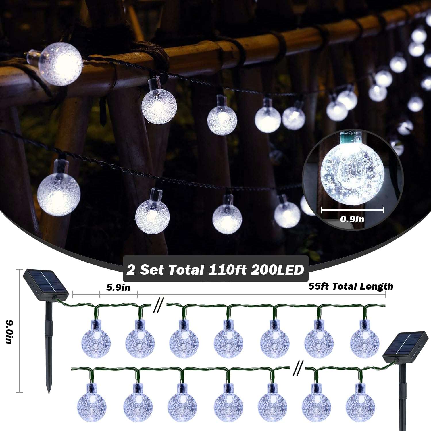 USOKYO Solar Lights Outdoor Waterproof, 2 Pack Total 200LED 110FT Solar String Lights for Outside with 8 Modes, Outdoor String Lights Crystal Globe Patio Lights for Garden Yard Party Decor(Warm White) 3