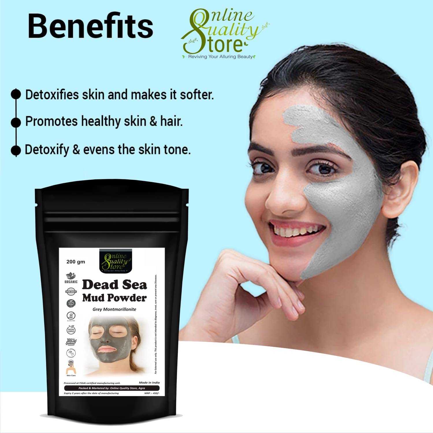 Online Quality Store Dead Sea Mud Powder - 200gm, for Face, Body & Hair | 100% Natural Dead Sea Mud Mask for Face | Face Mask| Dead Sea Mud Revitalizing, Exfoliating Powder Face Pack 4