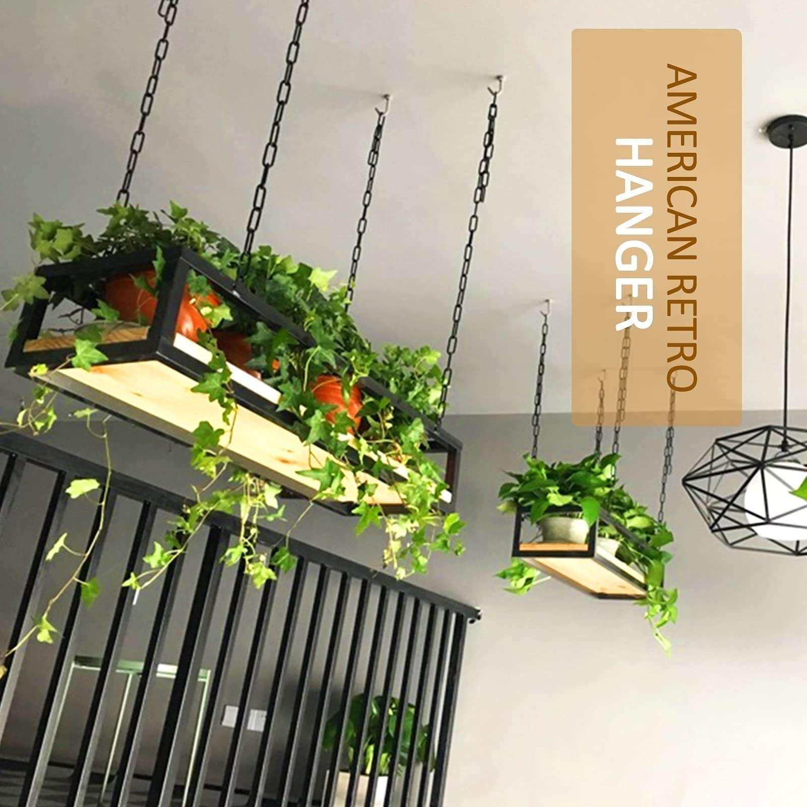 Retro Hanging Flower Shelf Pot Pan rack Storage Rack for Balcony Kitchen, Ceiling-Type Plant Stand Wine Holder Living Room Bar With Iron Chain Article And Wood Bottom Decorations Display Shelving 3