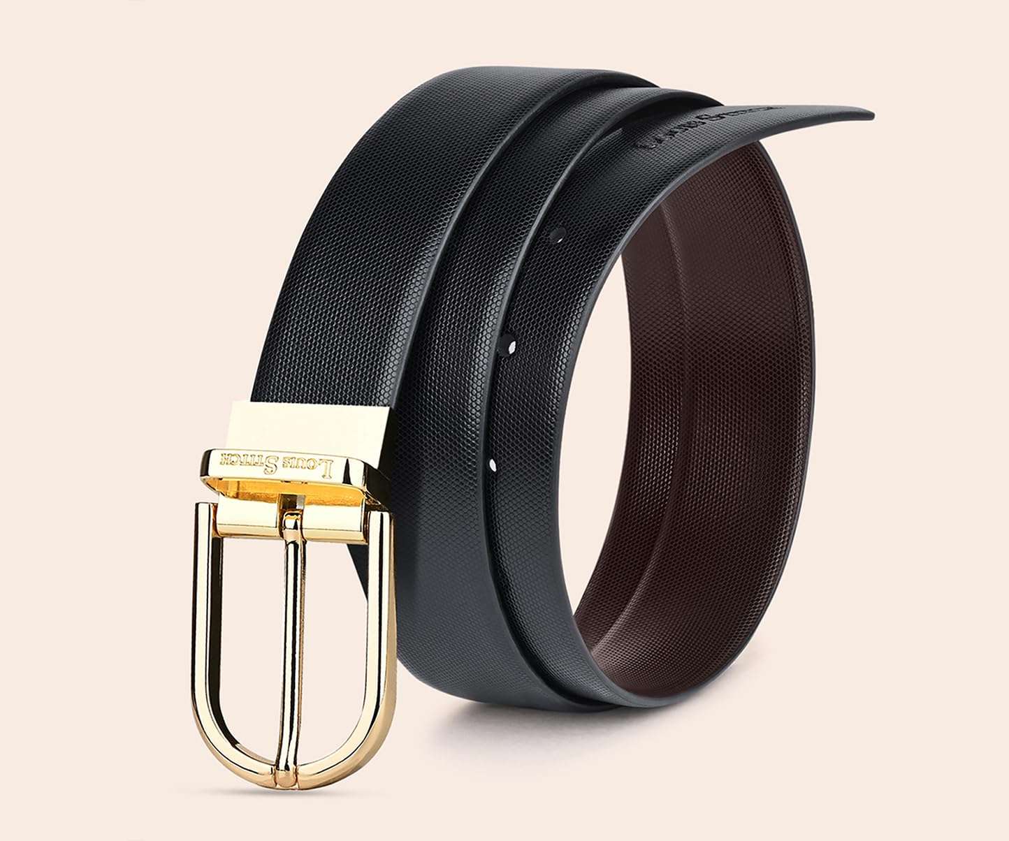 LOUIS STITCH Men's Italian Leather Reversible Belt 1.25 inch (35mm) Handcrafted Formal Waist Strap with Golden Buckle Belt for Men Gents Boys (Black/Brown) (BE-HCGD) (Size-30) 3