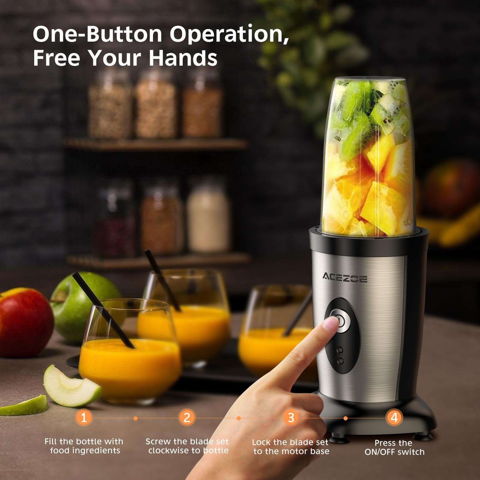 Acezoe Blender Shakes and Smoothies, 850W Portable Blender, One-Button Mixer, 3D 6-leafs, 2x17oz Personal Blender Bottle, BPA Free Kitchen, baby food, Grinding, Juice-Silver 6