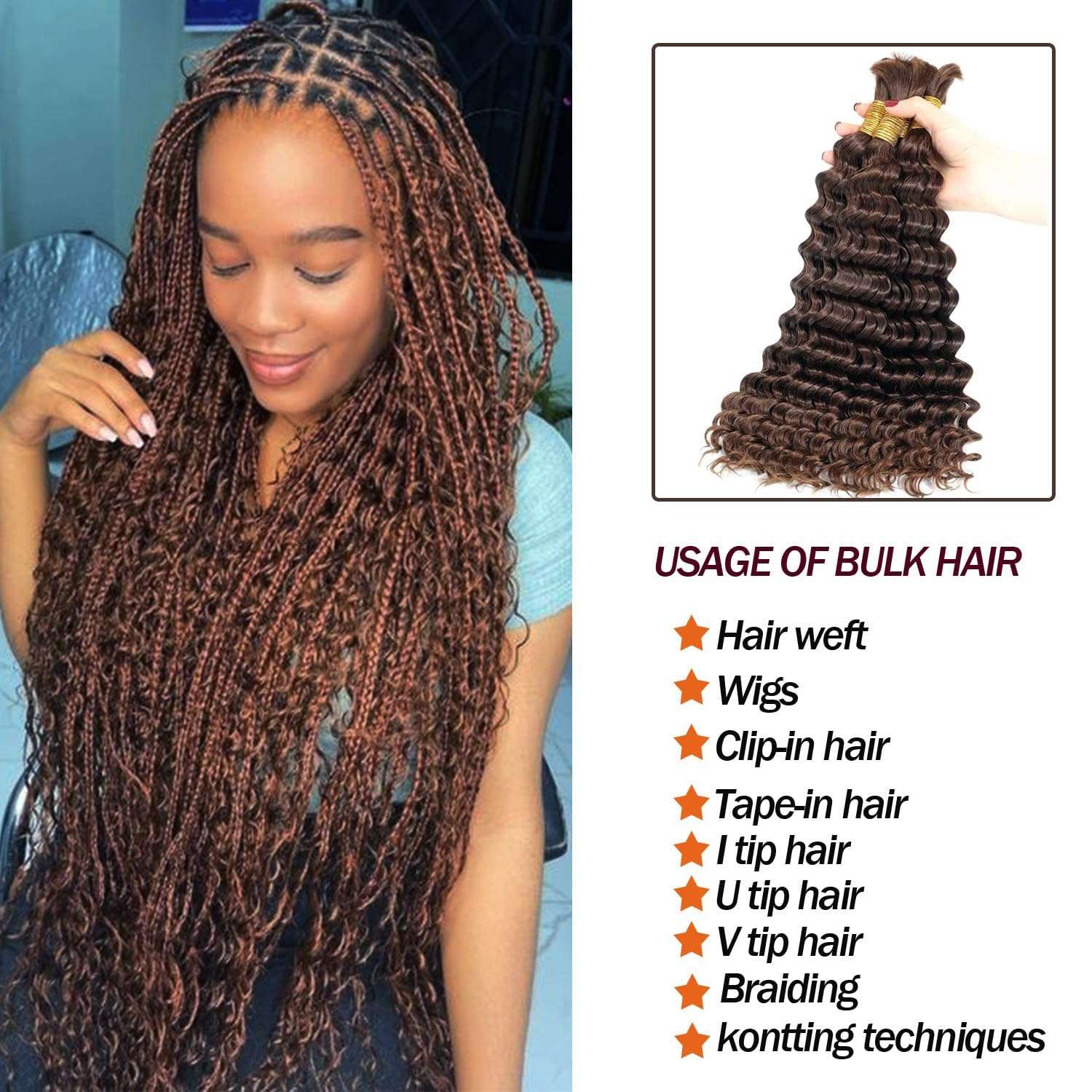 Leruikair Color 4 Chocolate Brown Deep Wave Bulk Human Braiding Hair 50g Per Bundle 2 Pcs Total 100g 20 Inch Brazilian Virgin Bulk No Weft Braiding Human Hair for Black Women 3