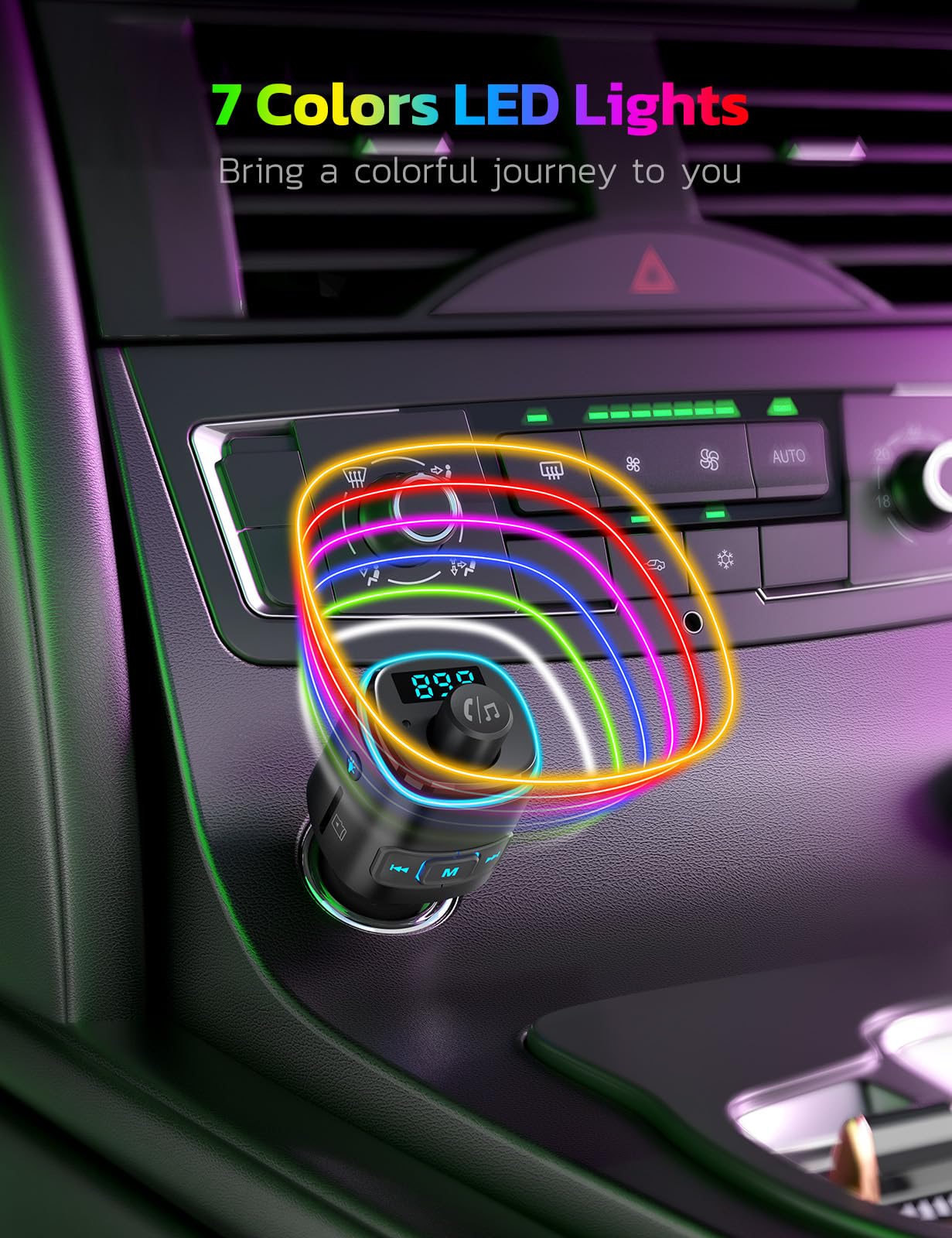 Nulaxy Bluetooth FM Transmitter for Car, 7 Color LED Backlit Bluetooth Car Adapter with QC3.0 Charging, Support Siri Google Assistant, USB Flash Drive, microSD Card, Handsfree Car Kit - NX09 Silver 6