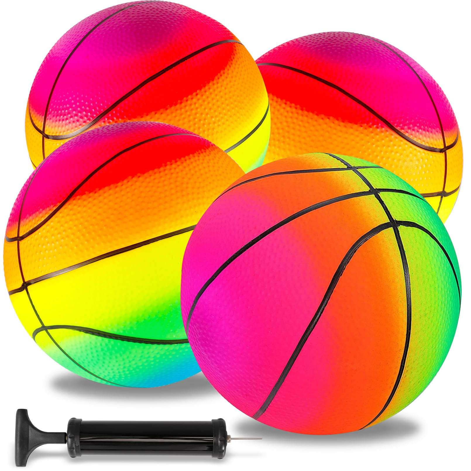Jeffbaubl 4Pcs Playground Balls,Rainbow Balls Kickballs with 1 Hand Pump,8.5 Inch Inflatable Playground Ball Kick Balls Handball,Colorful Dodgeball for Kids Adults Indoor Outdoor Games (Basketball) 1