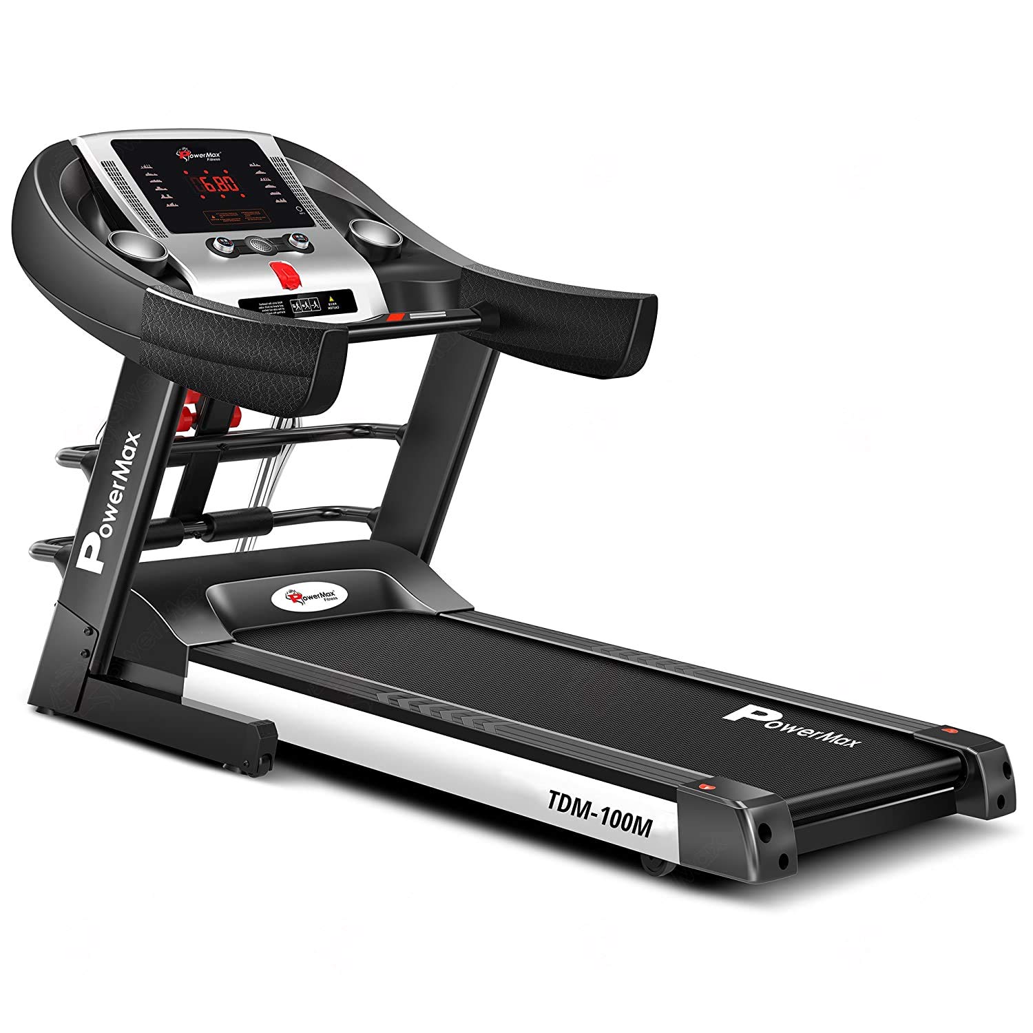 PowerMax Fitness TDM-100M (4HP Peak) Multi-Function Treadmill For Home Use With Massager |treadmill for 105Kg user weight| 6 Level Incline | Top Speed:14.8 Km/hr Spring Resistance | LED Display | AUX