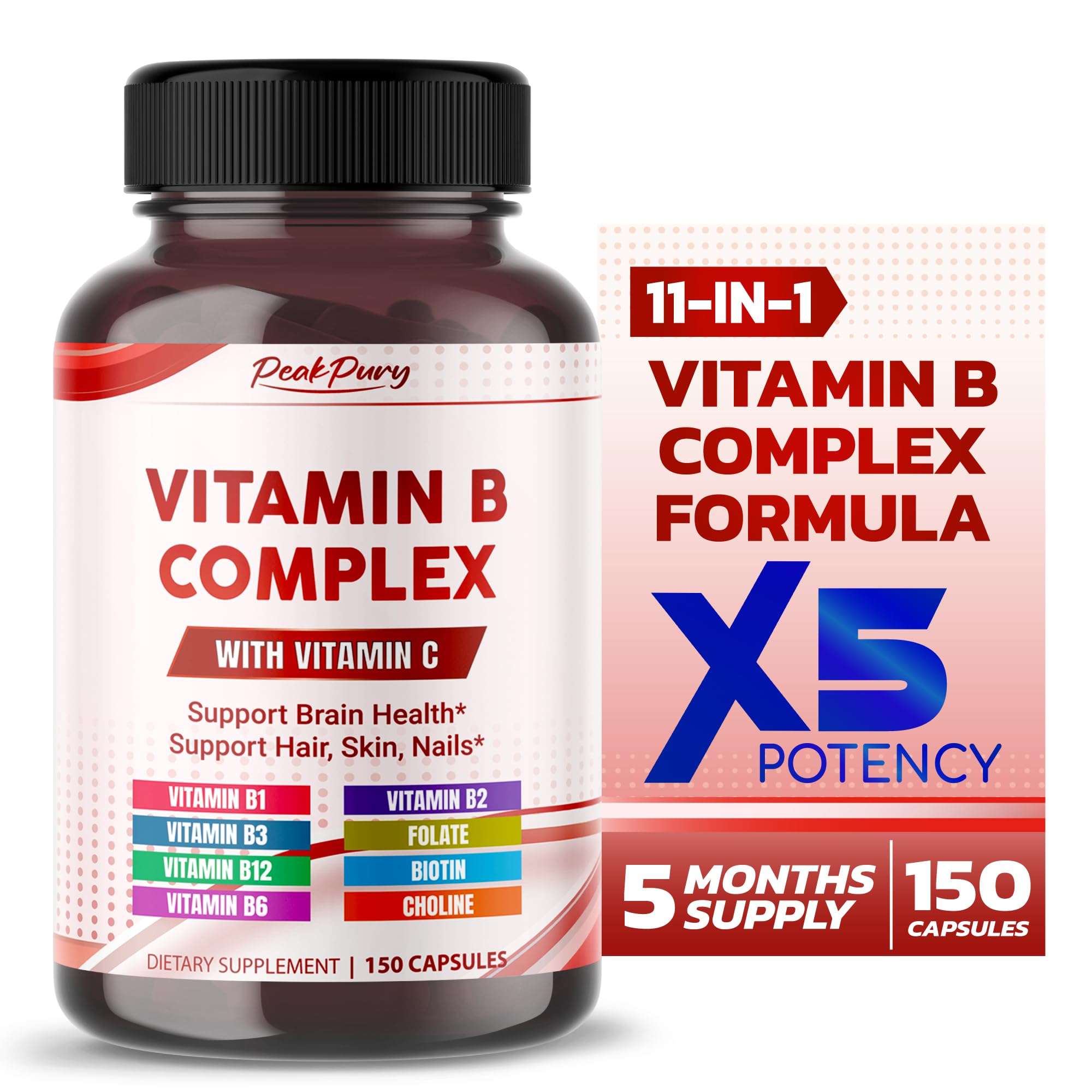 PEAKPURY Ultra Vitamin B Complex with Vitamin C – Supports Brain Health & Promotes Healthy Hair, Skin, and Nails – High Potency B1, B2, B3, Folate, B12, Biotin, B5 & Choline - Made in The USA 1