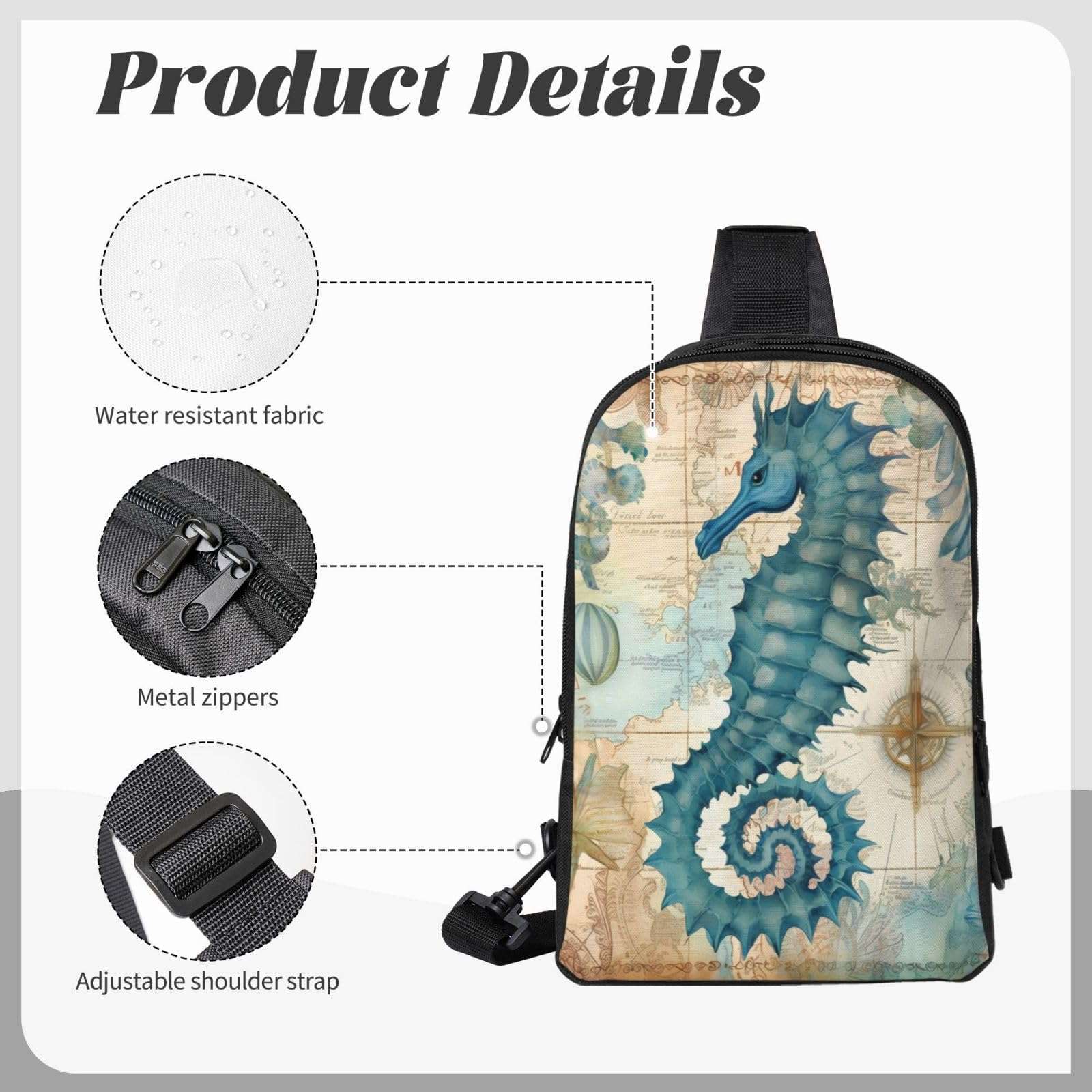 Seahorse Compass Map Casual Crossbody Backpack Sea Animals Sling Bag Lightweight Chest Bag Daypack Adjustable Shoulder Bag For Men Women Travel Hiking Outdoor 6