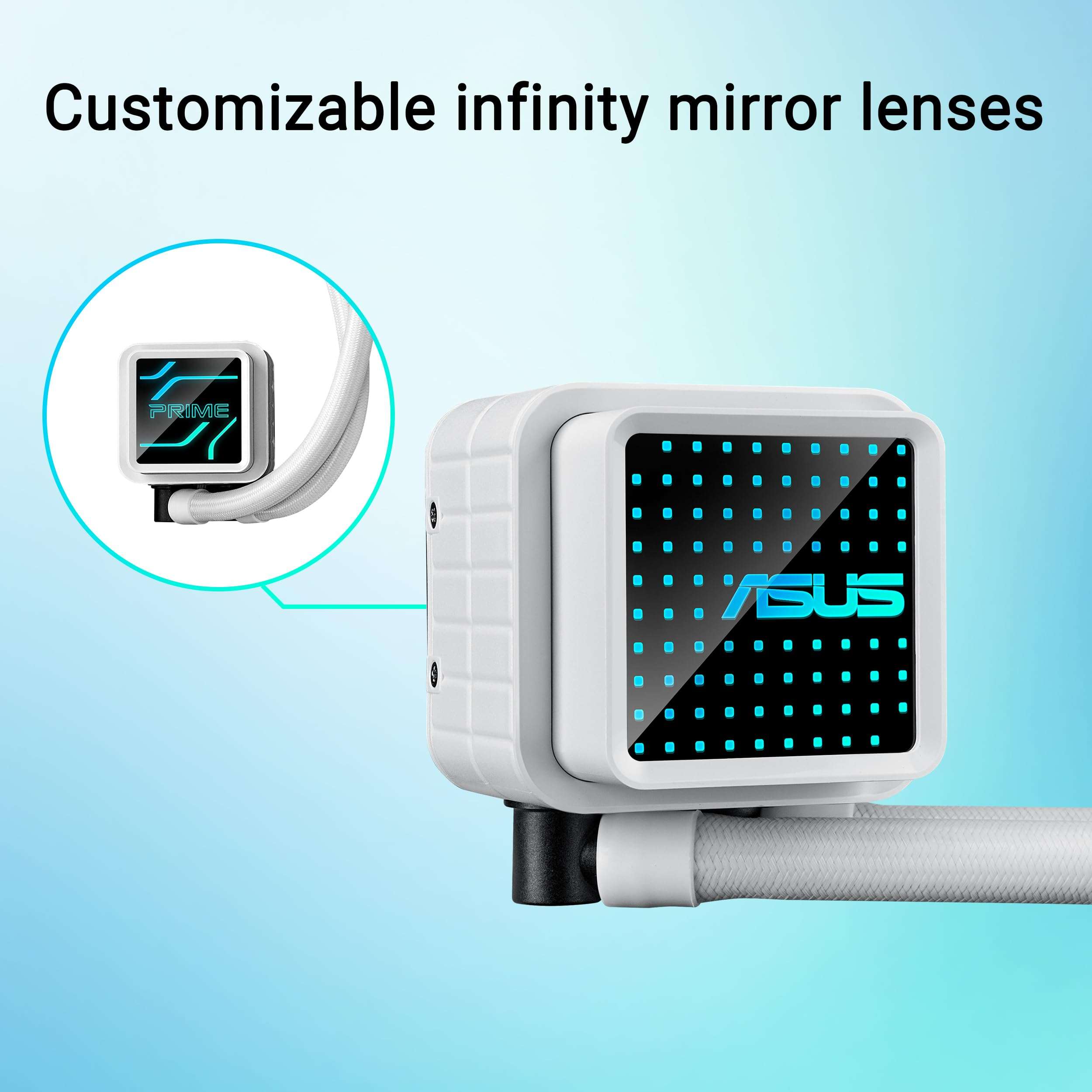 ASUS Prime LC 360 ARGB White Edition all-in-one CPU liquid cooler with special CPU contact area & finned channel, water block with infinity mirror lens options, pre-installed ARGB fans & Aura lighting 4