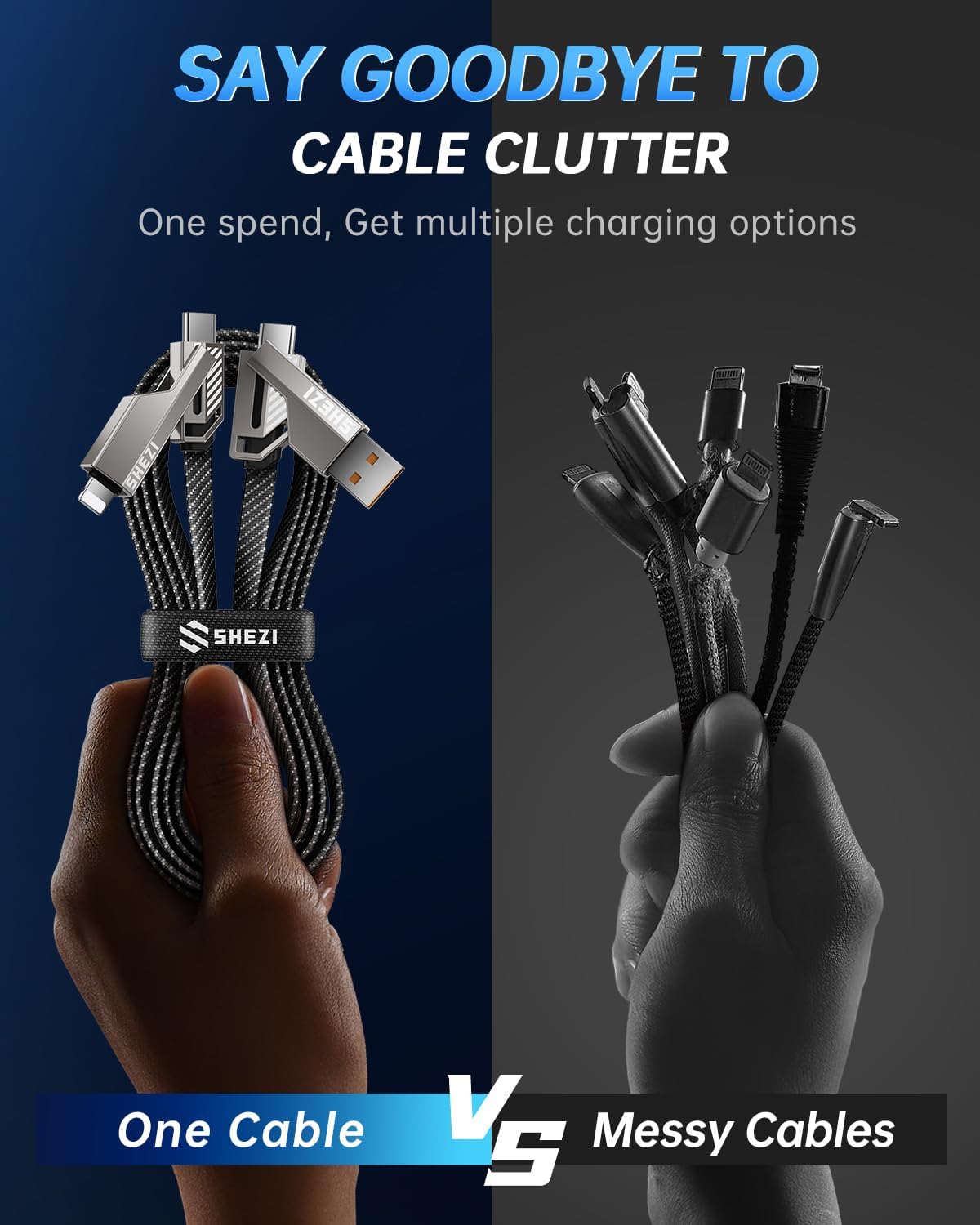 Vexipia 4-in-1 Long USB C Cable 50W 10FT Fast Charging Flat Nylon Braided for iPhone iPad Charger Cord [480Mbps Data Sync] Multi Charge Wire with L/Type C/USB A Port 4