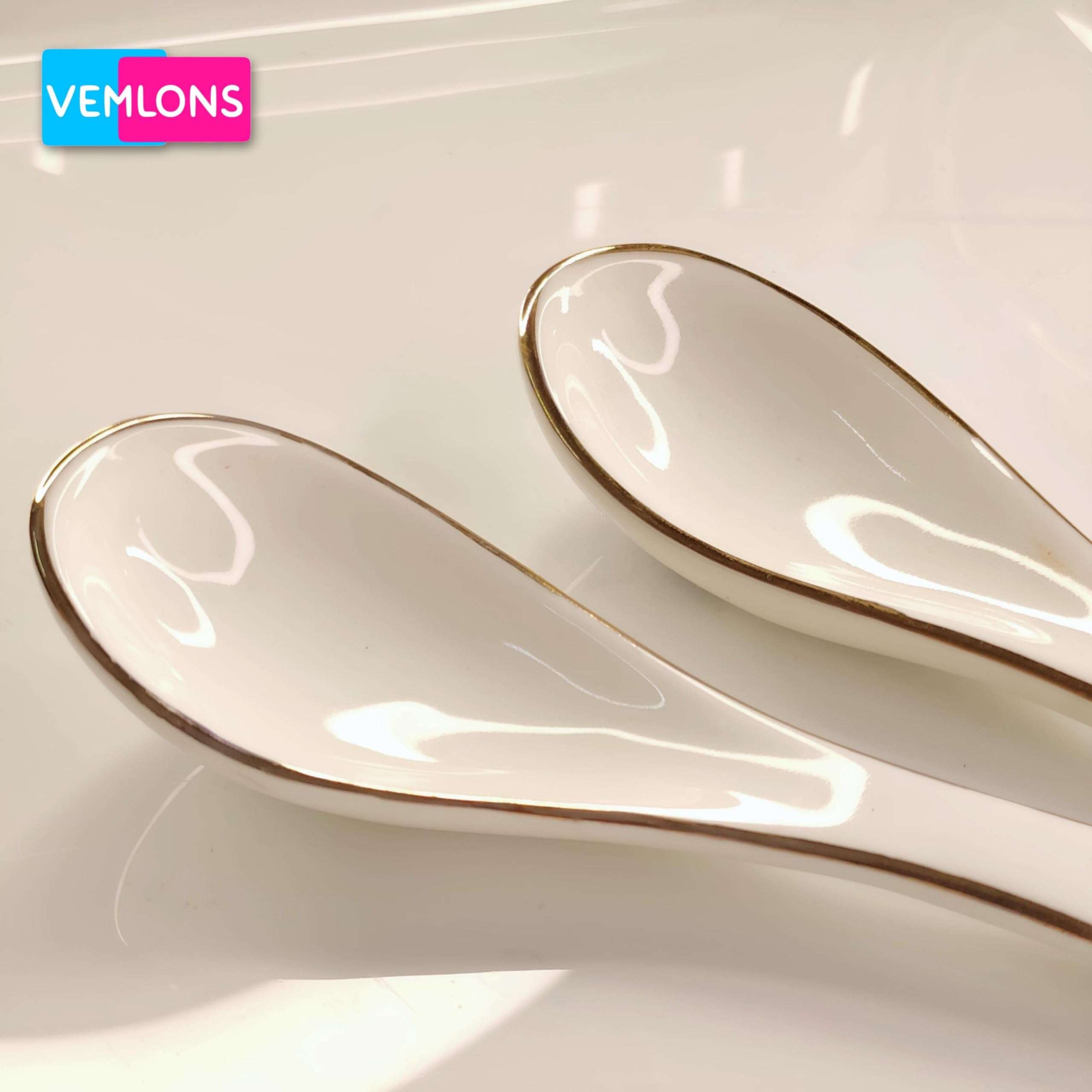Vemlons Soup Spoons Ceramic Soup Spoon/Ceramic Golden line Soup Spoon Set of 6 Piece Spoon Set 5
