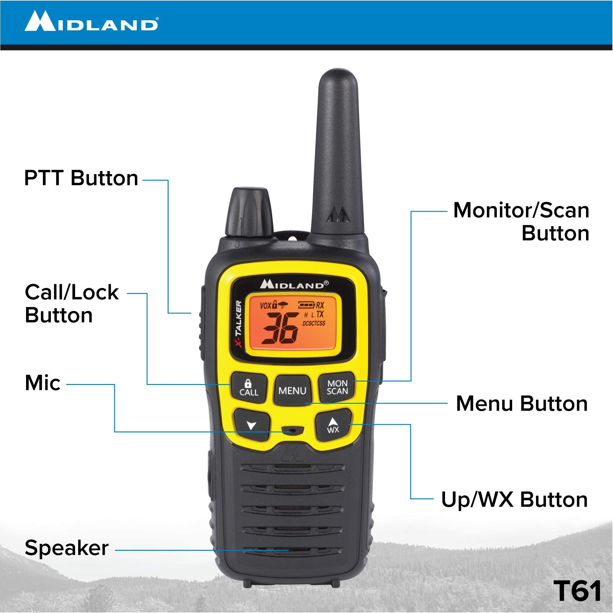Midland T61VP3 36 Channel FRS Two-Way Radio - Up to 32 Mile Range Walkie Talkie - Yellow/Black (Pack of 10) 2
