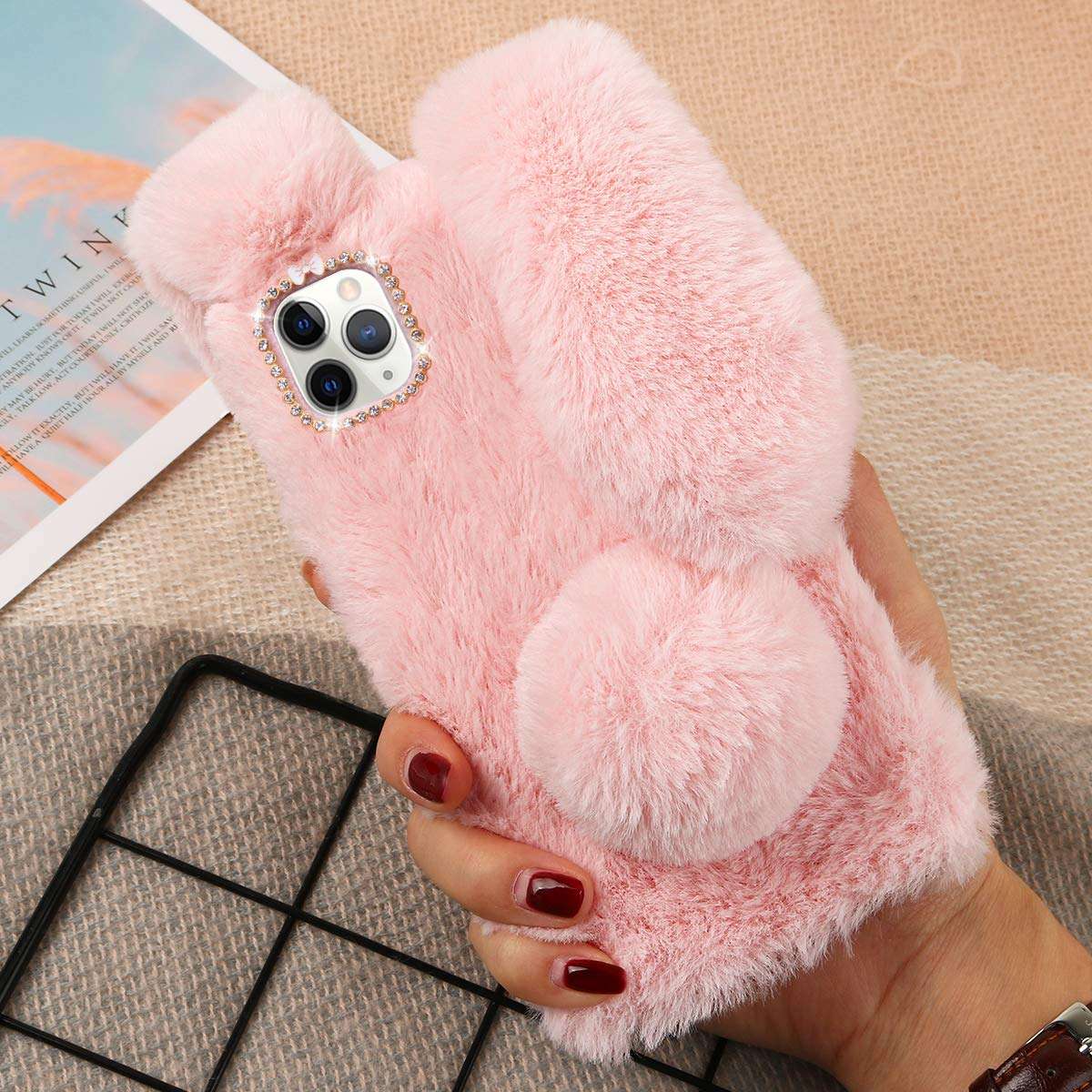 Fluffy Bunny Plush Phone Cover Pink for 11 Pro, Cute Warm Furry Fur Stuff Animal Rabbit Phone Case for Girls, Fashion Woman Protective Cover for 11 Pro 6