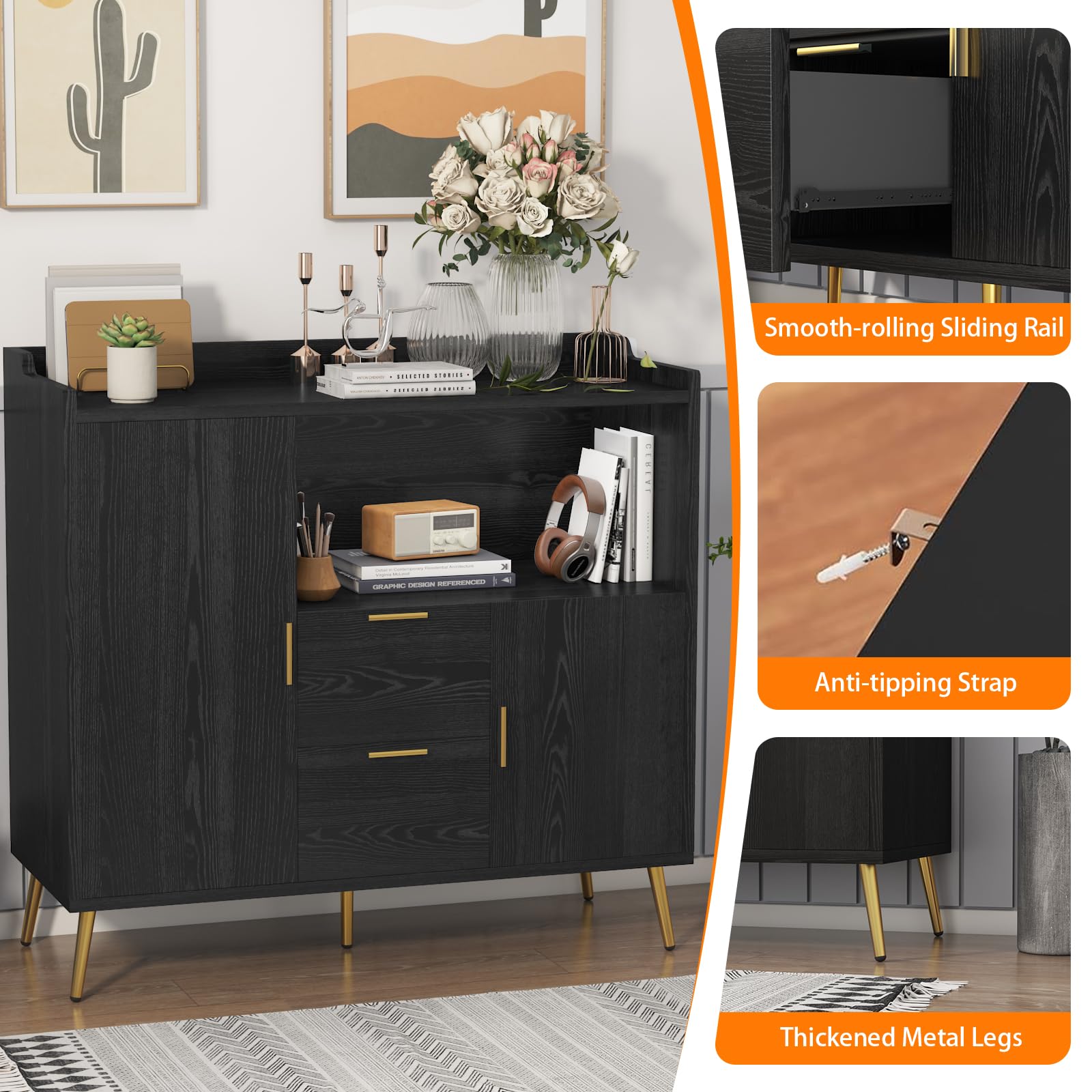 IDEALHOUSE Buffet Sideboard with Storage, Kitchen Storage Cabinet, Coffee Bar Cabinet with 2 Drawers and 2 Doors for Kitchen, Dining Room, Entryway 5