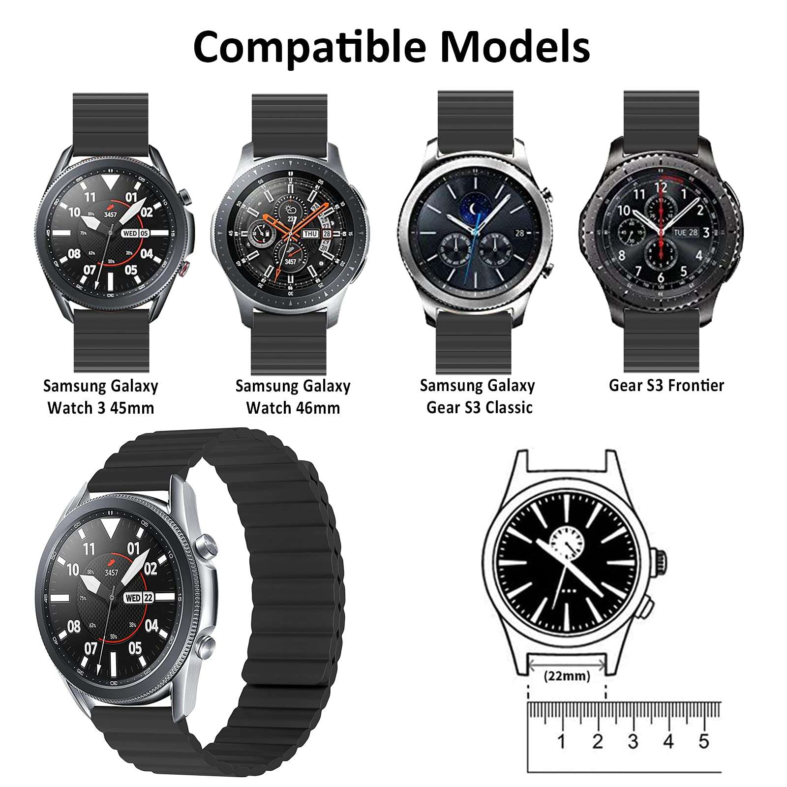 SKYLET Bands Compatible with Samsung Galaxy Watch 3 45mm/Galaxy Watch 46mm/Gear S3 Classic/Gear S3 Frontier Men Women, 22mm Strong Magnetic Closure Loops Sport Silicone Replacement Strap Black, Large 4