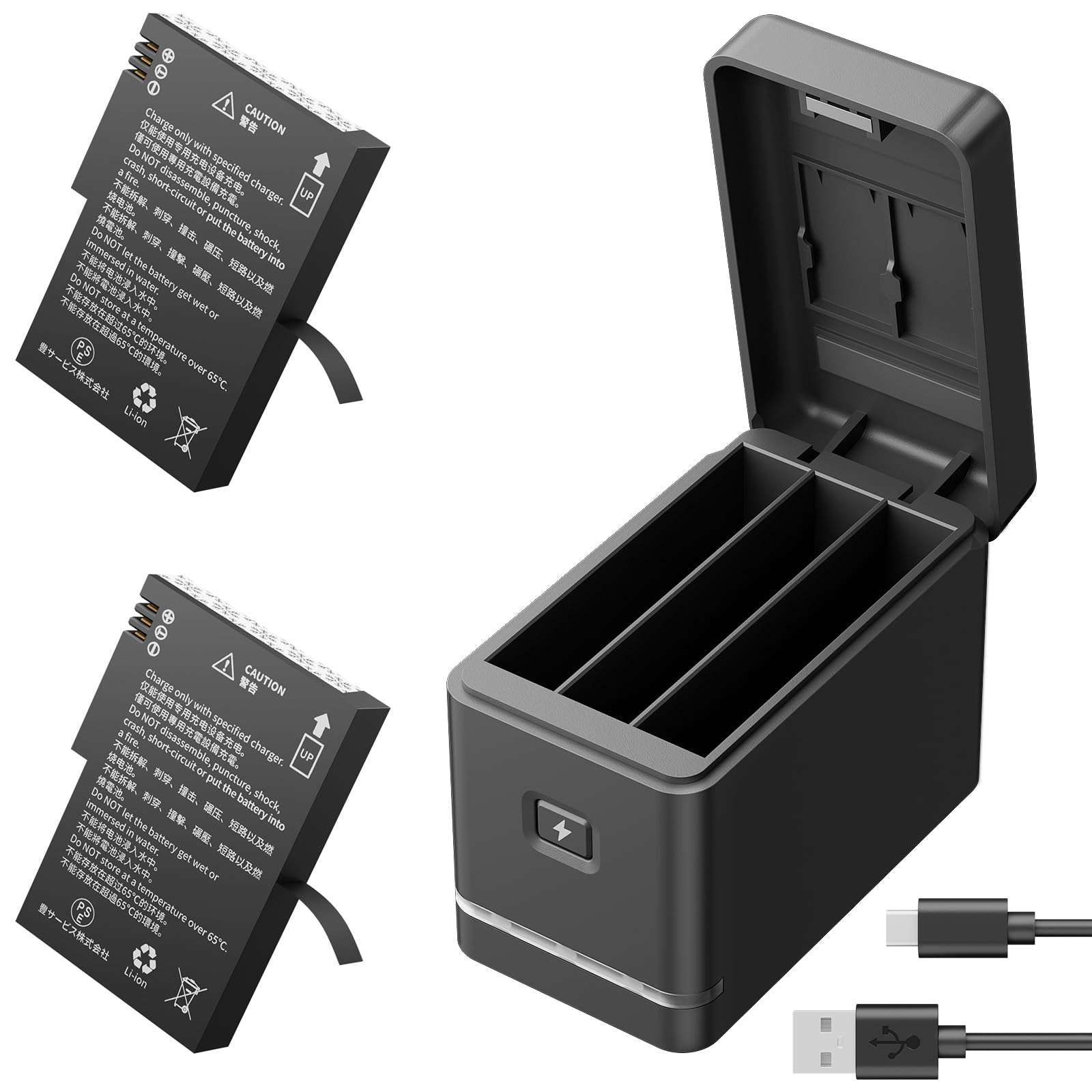 2 x 1350mAh Rechargeable Cold-Resistant Battery with 3-Channel Charger Case for AKASO 360 Camera, MicroSD Card Storage Slots 1