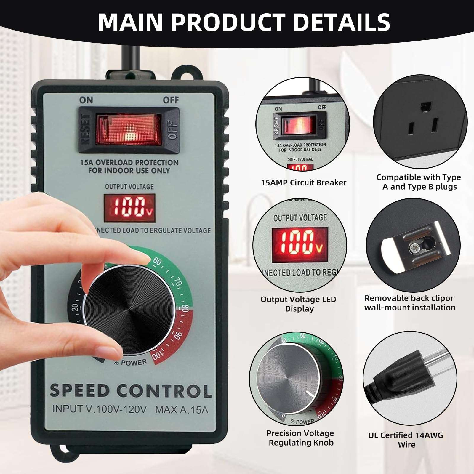 Adjustable 4000W AC Motor Speed Controller for Angle Grinder, Electric Drill, Polishing Machine & Fan - 110V, Variable Speed Control with Overload Protection, Voltage LED Display 3