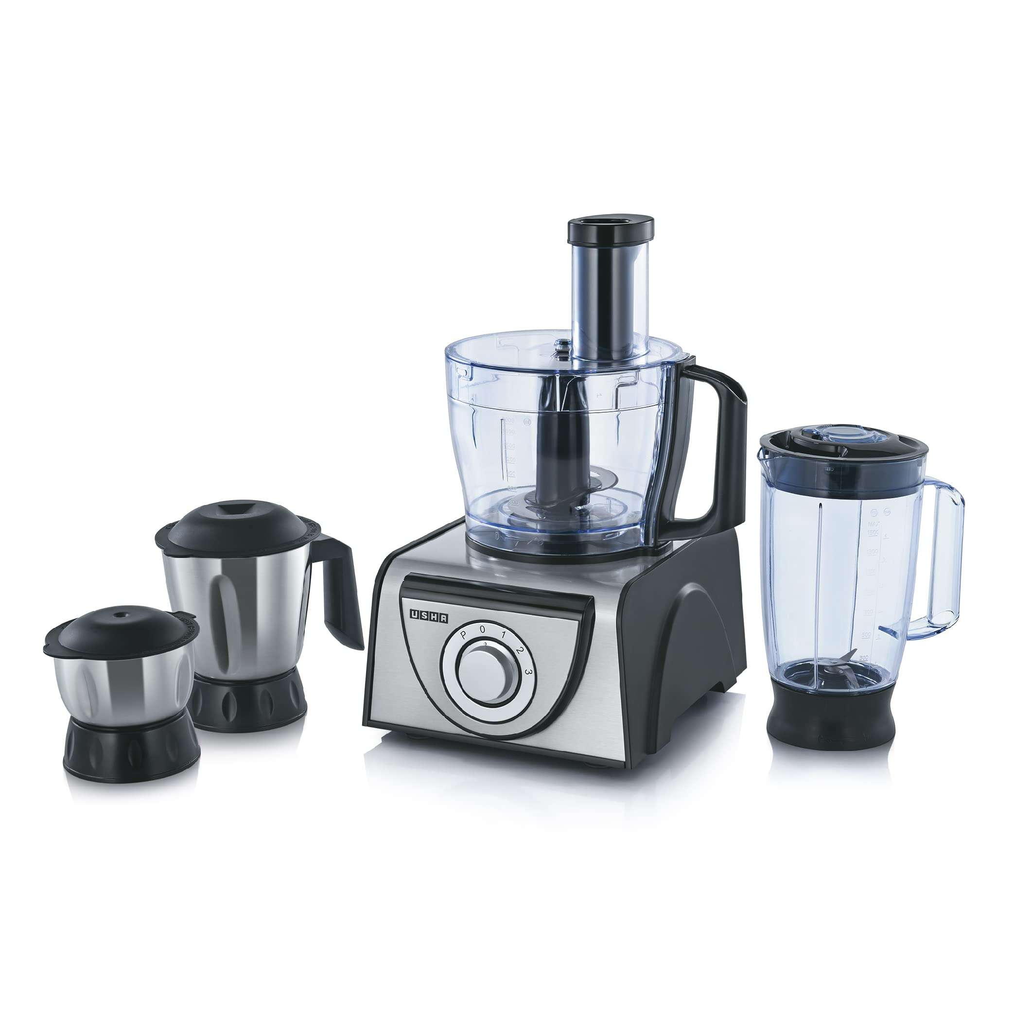 Usha FP 3810 Food Processor 1000 Watts Copper Motor with 13 Accessories(Premium SS Finish), Black and Steel 1