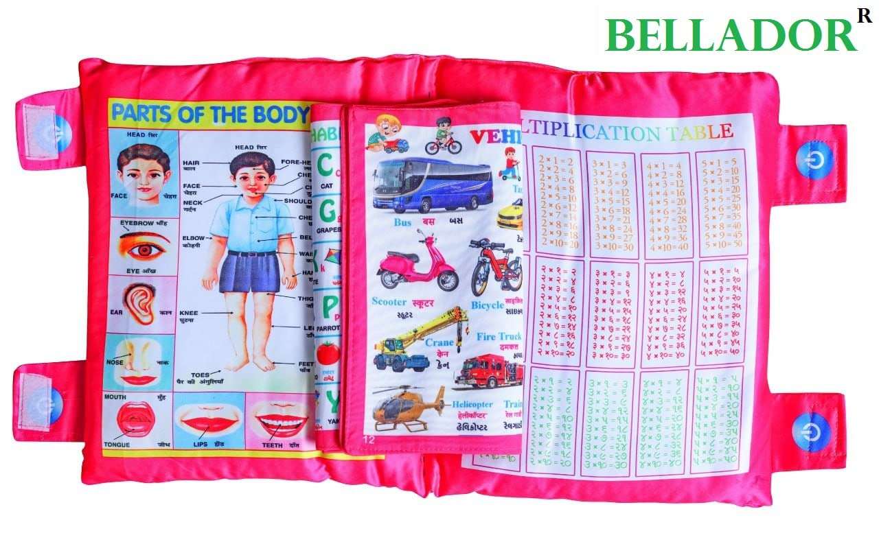 BELLADOR™ Silk Cushion Book Educational Toys for Kids 5 Years | Learning Toys for 3 Year Old | Toys for Learning Pillow Book with English and Hindi Alphabets, Numbers, Animals Names Color (Pink) 4