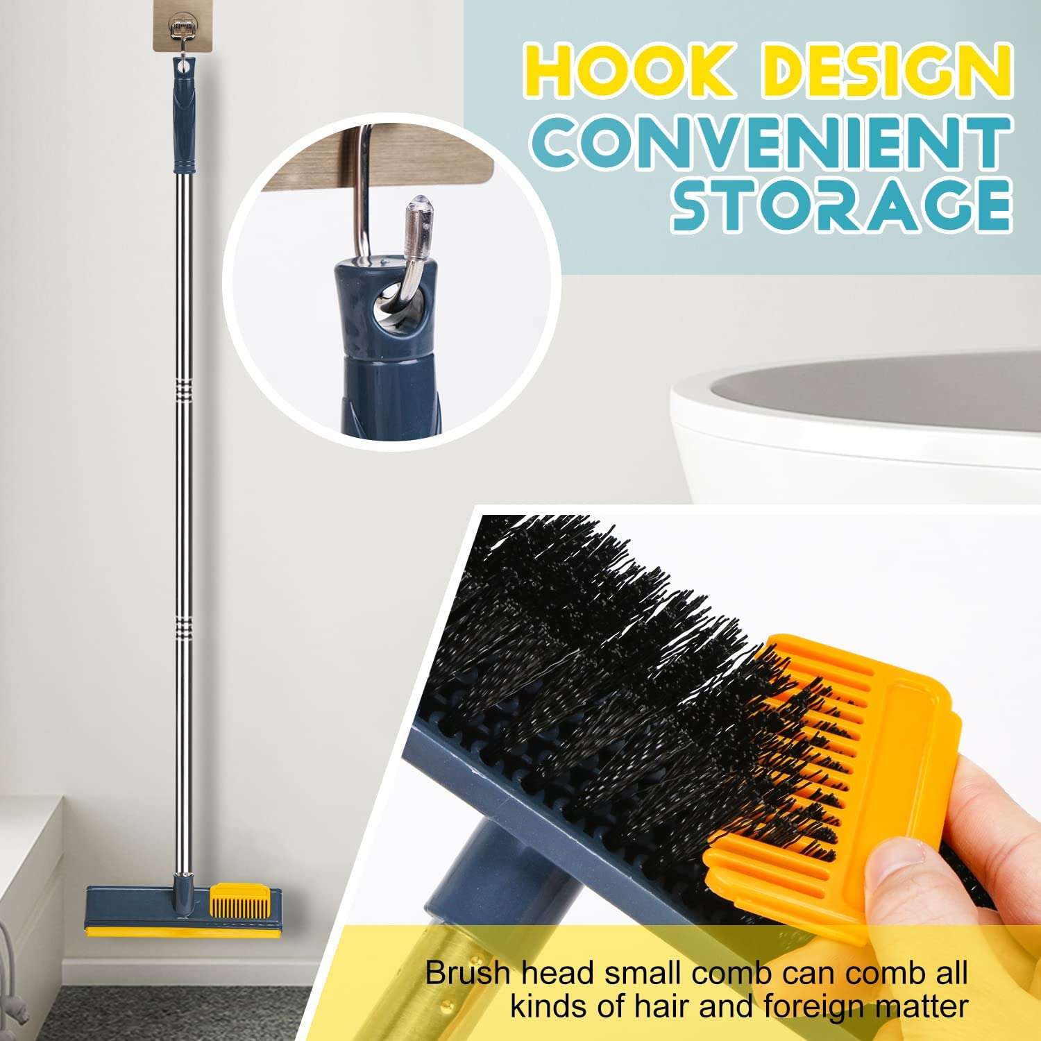 Zorzel Floor Scrub Brush with Comb Teetch and Squeegee, 44" Stiff Bristle Deck Brush, 2-in-1 Floor Scrubber Cleaning Grout Brush for Tile Bathroom Shower Patio and Kitchen 4