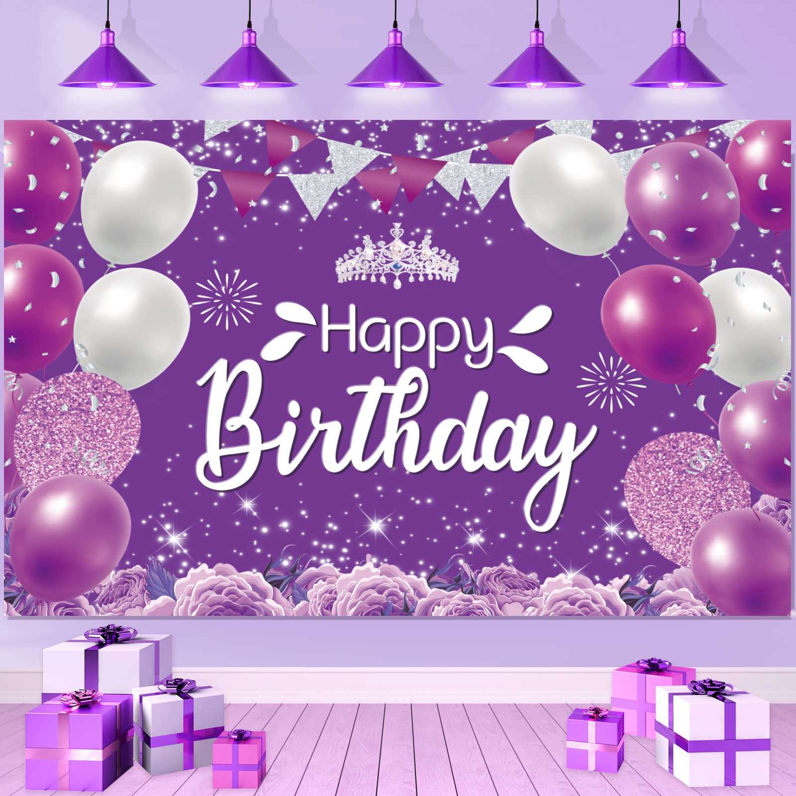 Purple Happy Birthday Backdrop Purple Silver Birthday Sign Purple Silver Birthday Party Banner Decor Purple Silver Birthday Backdrop for Women Girl Birthday Party Celebration (7x5ft) 1