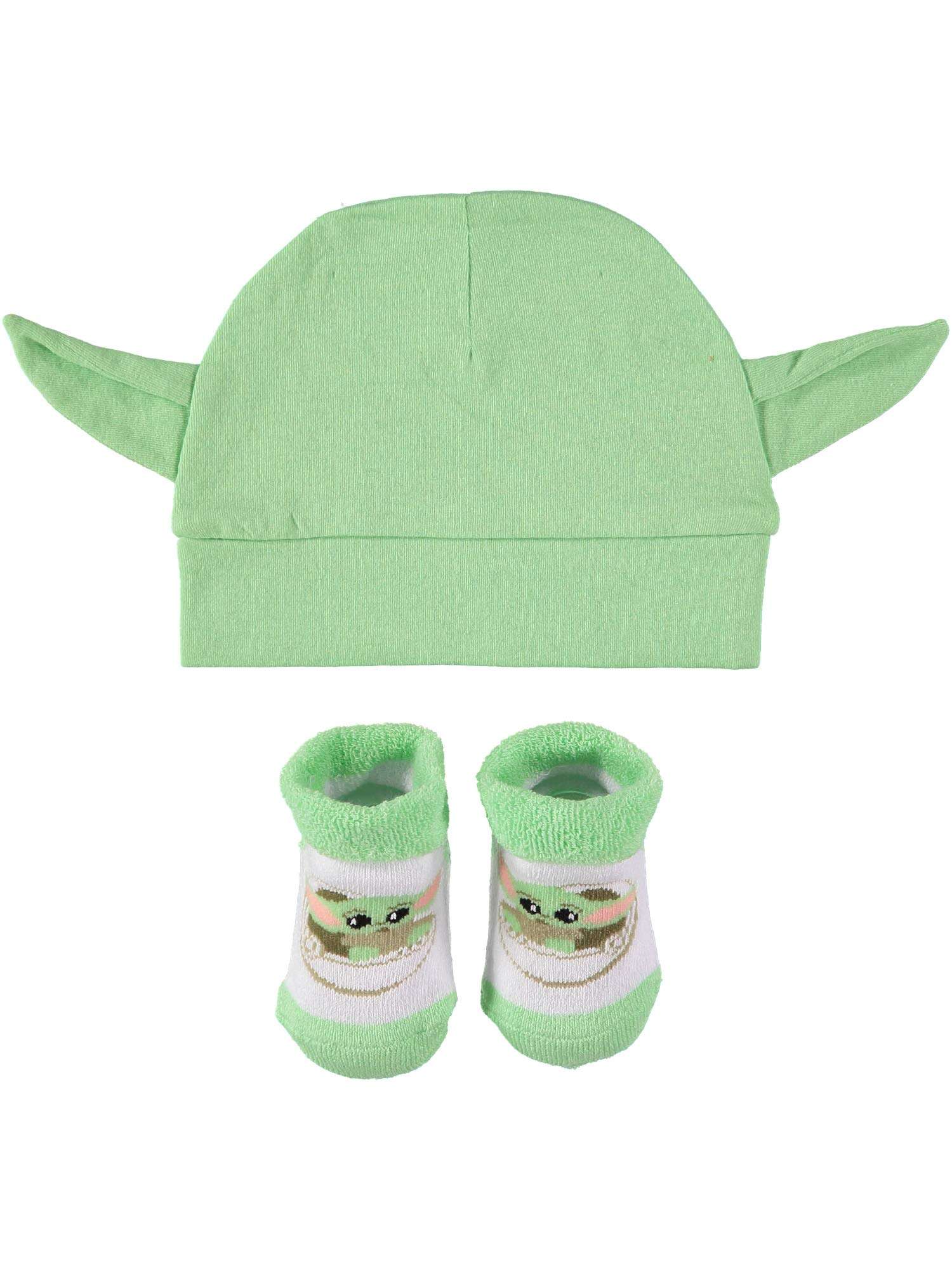 STAR WARS Baby Boys The Mandalorian Cap and Bootie Set - Baby Yoda Baby Gift Set with Hat and Socks (Green/White, 0-12 Months) 1