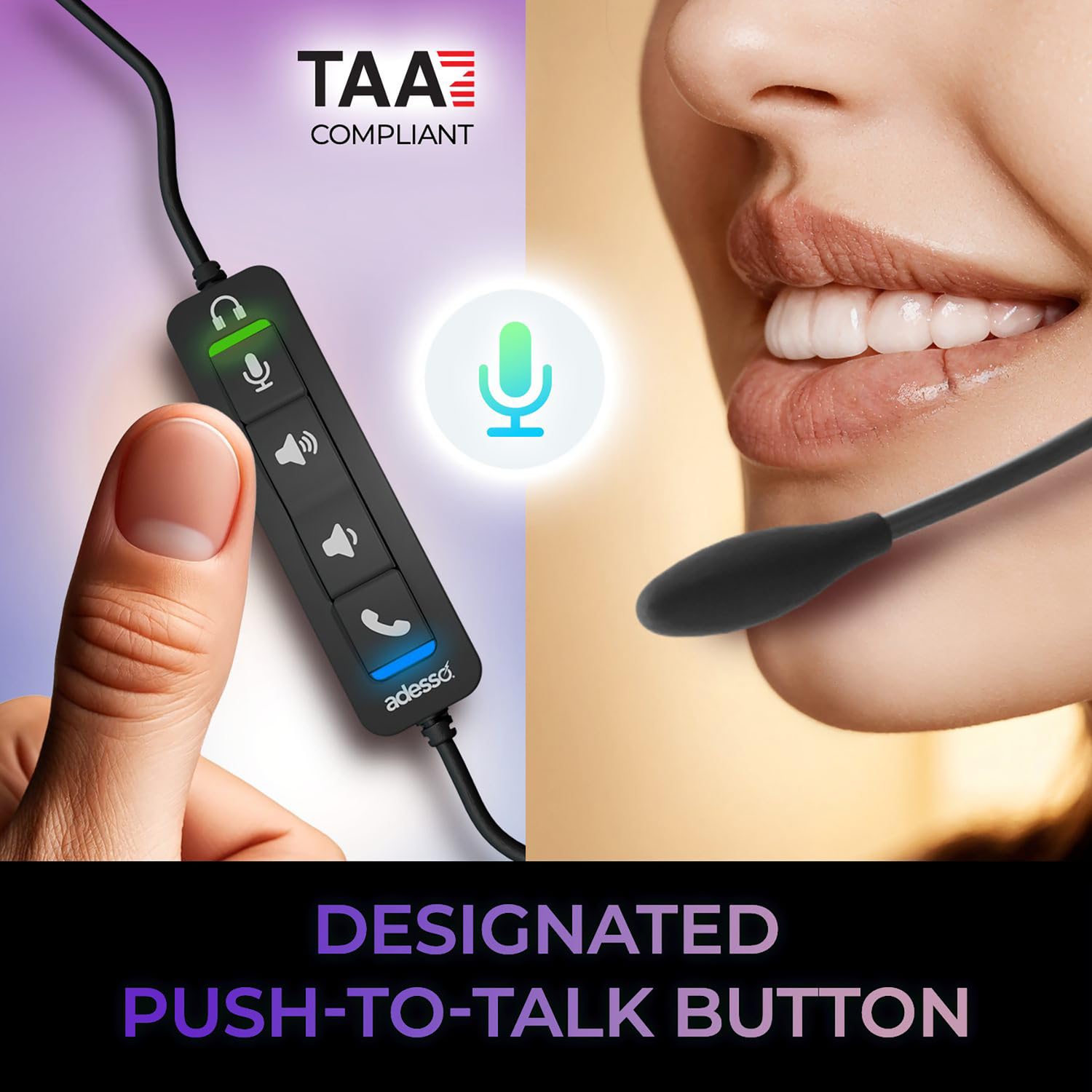 Adesso Headset with Push to Talk, Volume +/-, Answer/End Call Controls 5