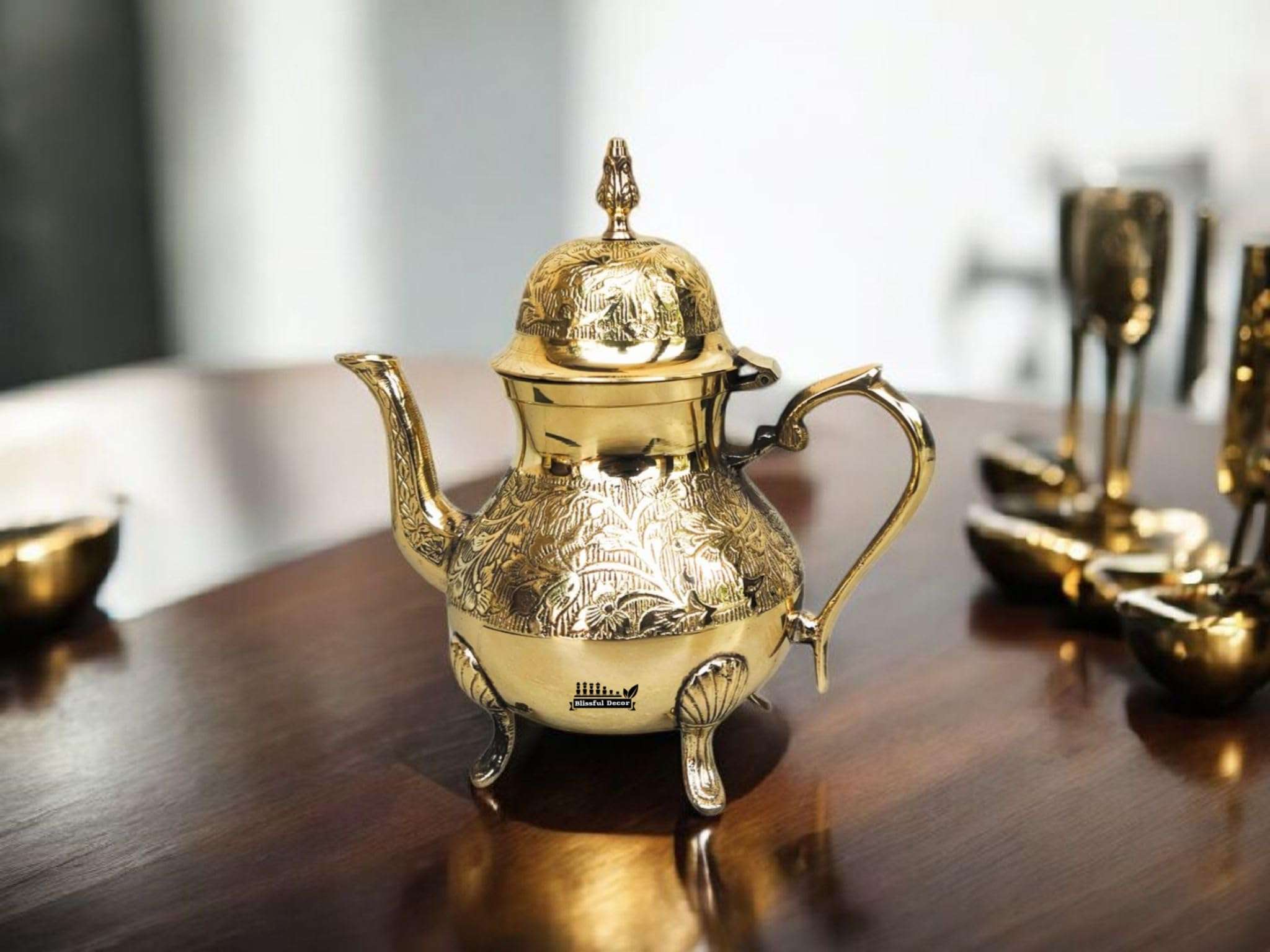 Brass Etching Design Stylish Tea Kettle Pot Mughlai Style Traditional Home Decor & Hotels for Serving Tea Coffee.Brass Kettle | Etching Kettle | SERVEWARE | Tea Pot | Brass Tea Pot | 3