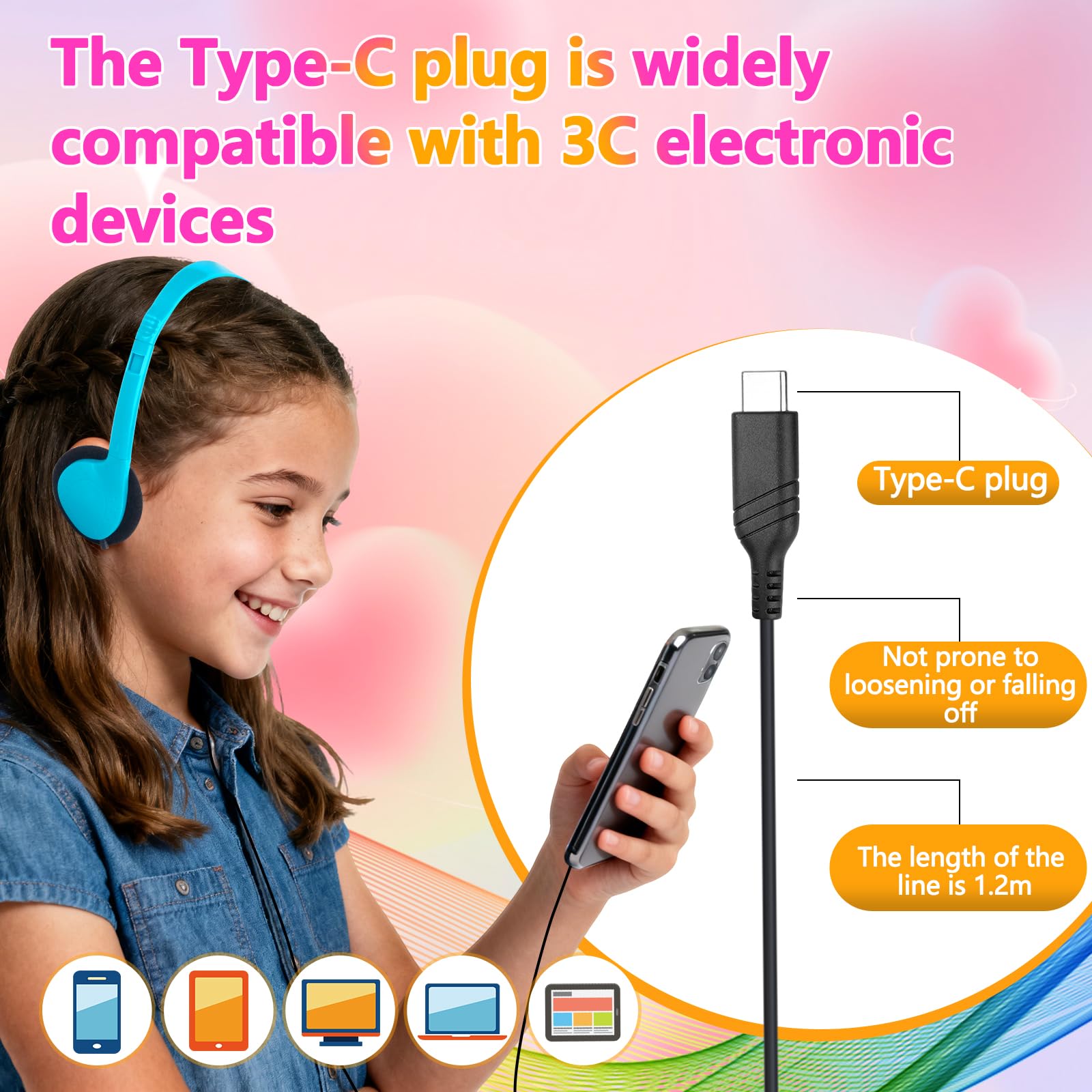 TJZXGUI USB Type C Kids Headphone Bulk for School Classroom,On-Ear USB C Headphones for Boys Girls Students Tablet Travel Computer Smartphones Mixed Colors (Mixed Colors, 25 Pack) 6