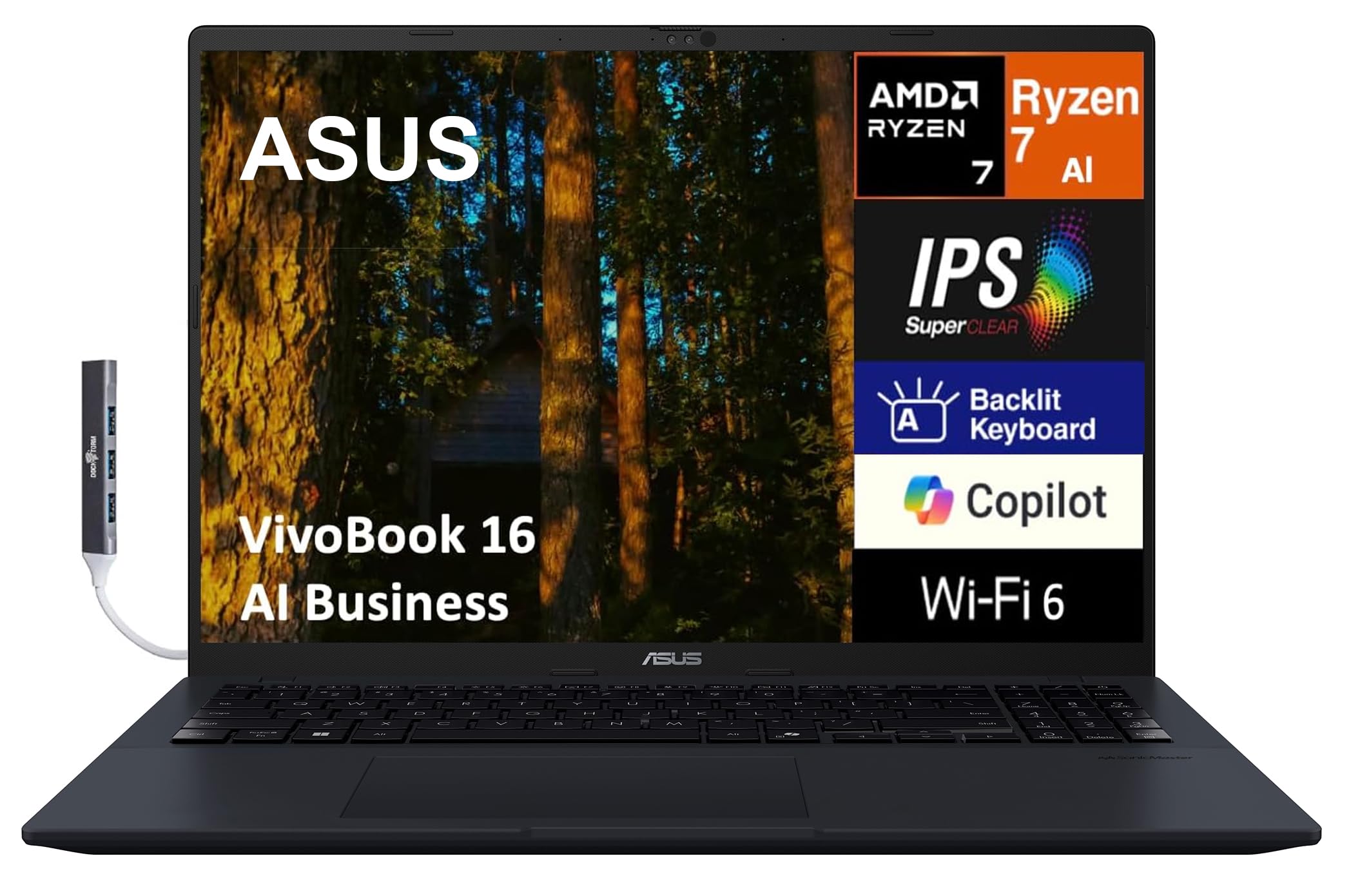 ASUS Vivobook 16 Copilot+ PC 16.0" IPS WUXGA Display (AMD Ryzen AI 7 350, 24GB DDR5, 4TB SSD, AMD Radeon 860M, Backlit KB, WiFi 6, Webcam, Bluetooth 5.4, Win 11 Pro) w/DKZ Hub - M1607KA