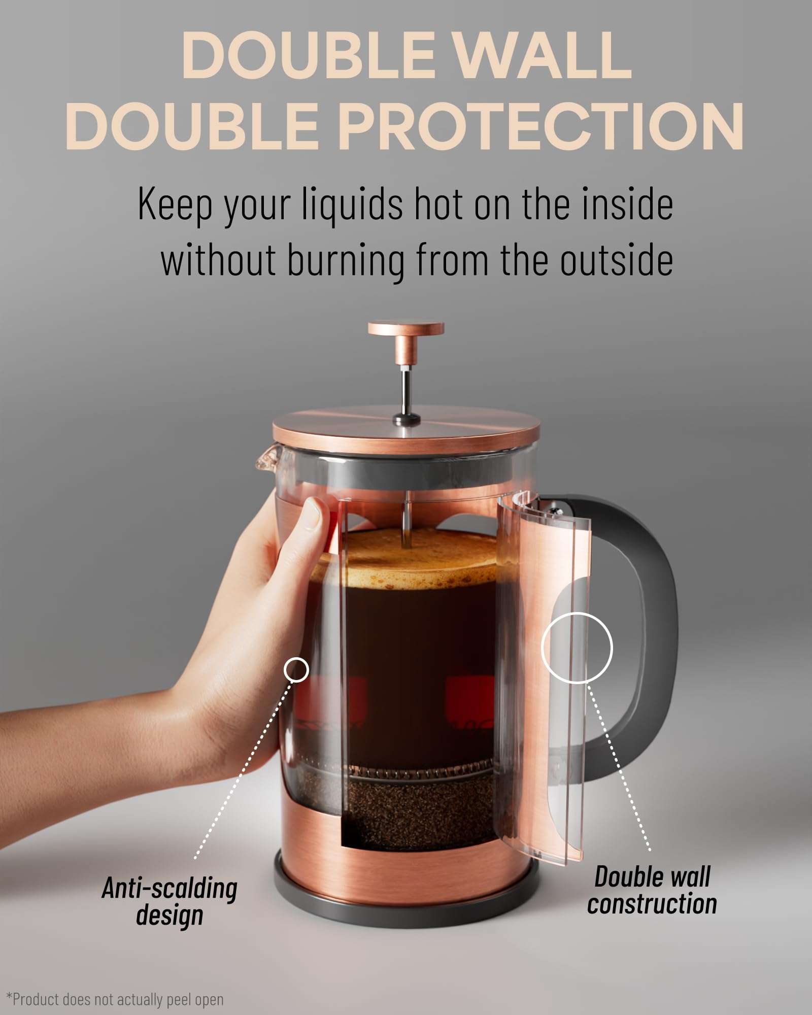 Veken French Press Plunger Coffee Maker Cafetière, Double Wall Heat Resistant Borosilicate Glass Coffee Press,Cold Brew Coffee Pot for Kitchen and Gifts, Dishwasher Safe, Copper (27 Ounce/800 ml) 5