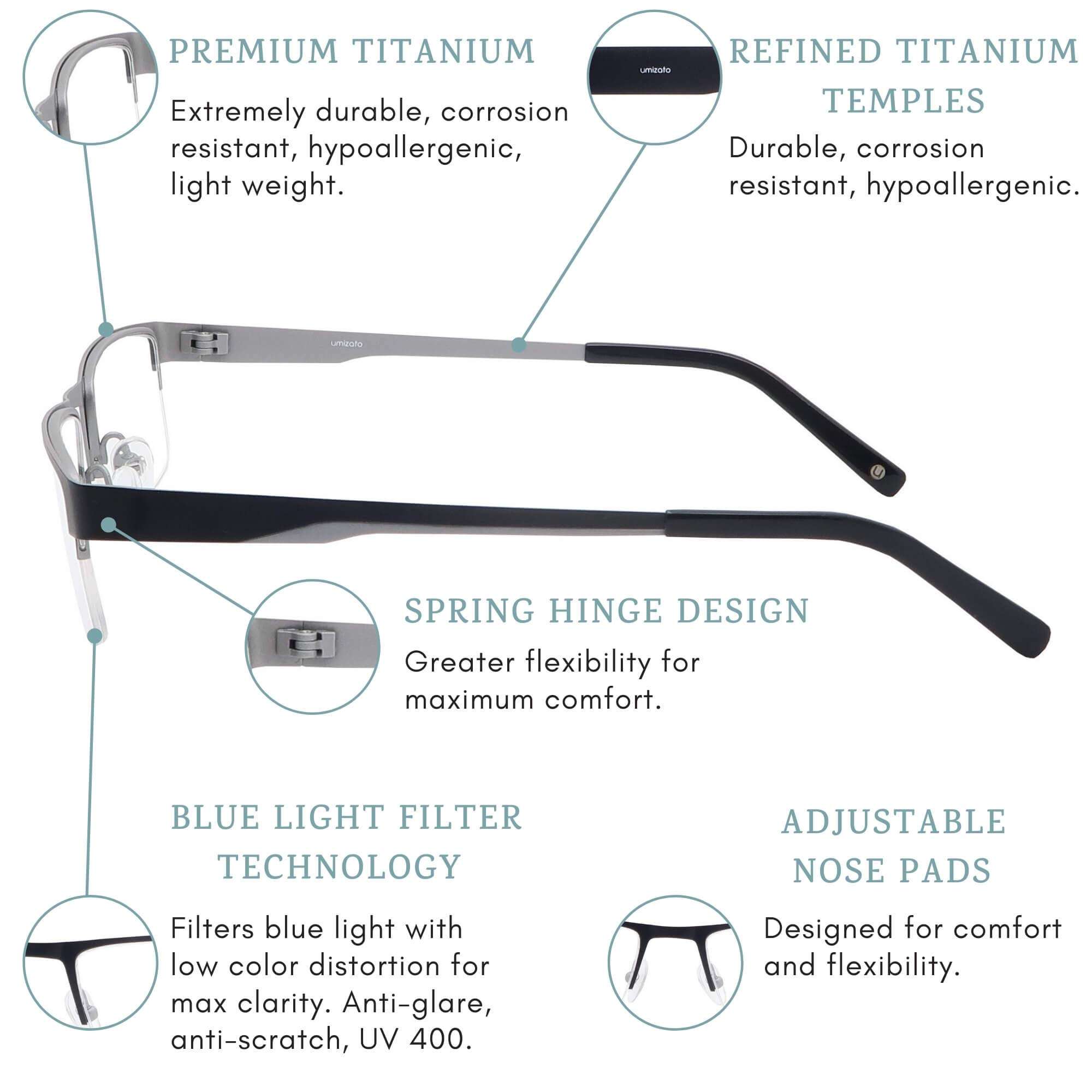 umizato FUJI Blue Light Glasses Men Women - Titanium Semi-Rimless Gaming Eyewear, Computer Blocking Glasses Filtering (Black Silver, 0) 3