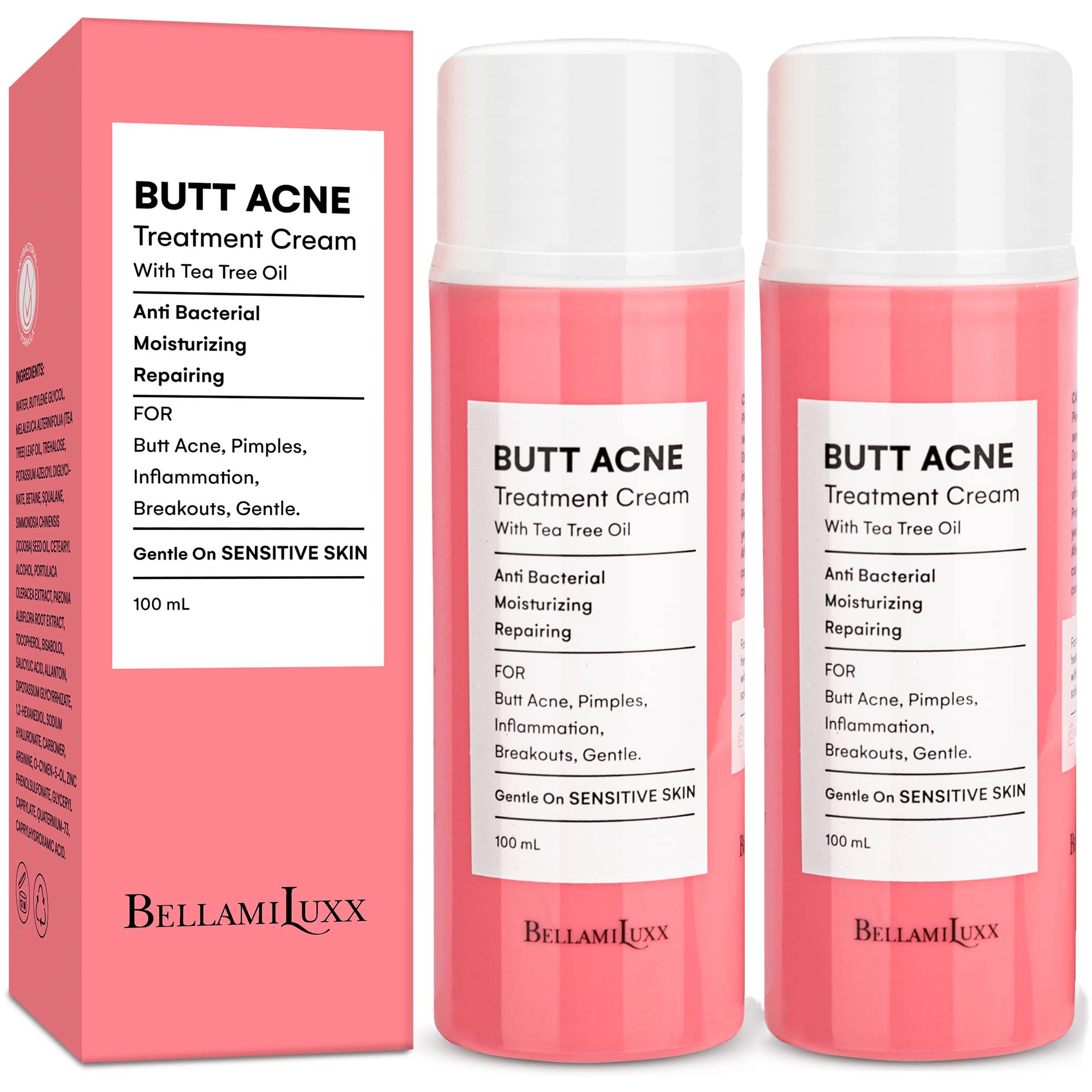 BellamiLuxx Butt Acne Clearing Treatment - 2 Pack, Effective Body Acne Treatment And Folliculitis Treatment, with 2% Salicylic Acid And Tea Tree Oil, Butt Acne Cream For Reduce Body Acne And Butt Acne. 1