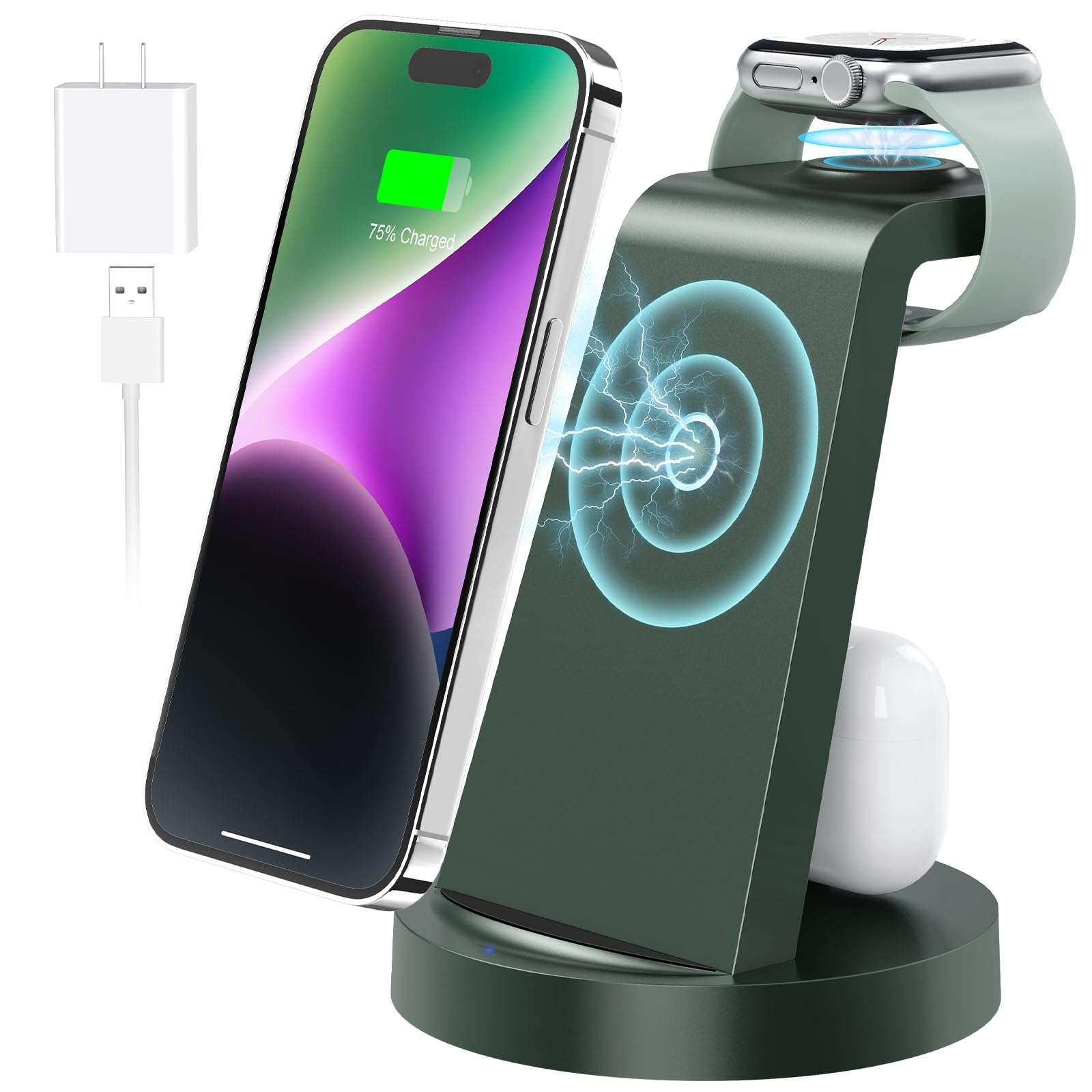 3 in 1 Charging Station for Apple - Wireless Charger for iPhone 15 14 13 12 11 Pro X Max XS XR &8 Plus - Fast Wireless Charging Dock Stand for Apple Watch Series 8 7 6 SE 5 4 3 2 & Airpods 1